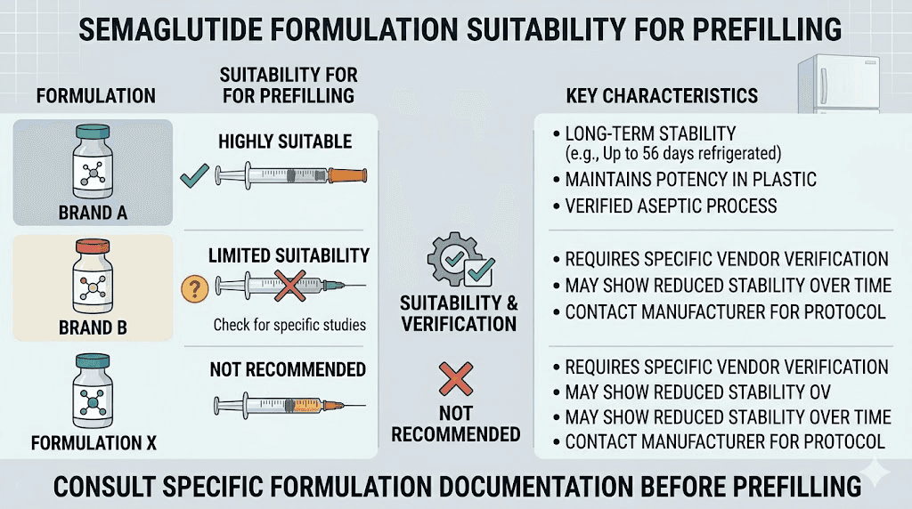 Which semaglutide formulations can be prefilled into syringes