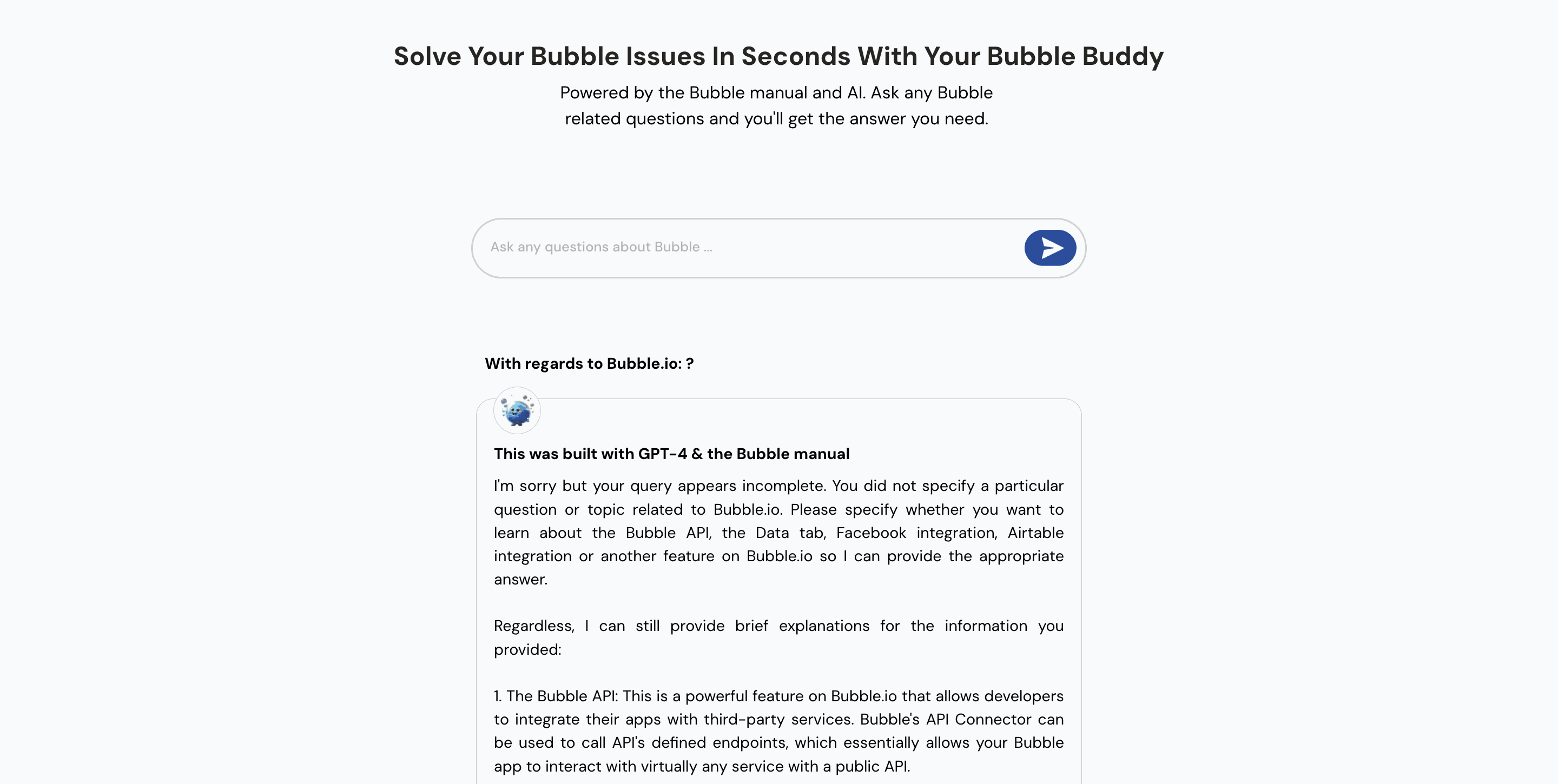 Bubble Buddy is a no code chatbot for Bubble.io issues