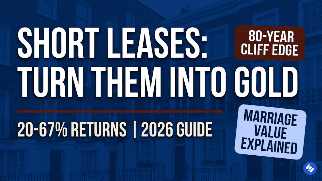Dark blue graphic blog thumbnail showing a London terrace with bold text reading "Short Leases: Turn Them Into Gold" and data badges showing 20-67% returns and the 80-year cliff edge threshold.