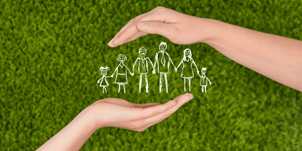 Illustration of a family protected by hands, symbolizing the importance of safeguarding loved ones with life insurance plans.