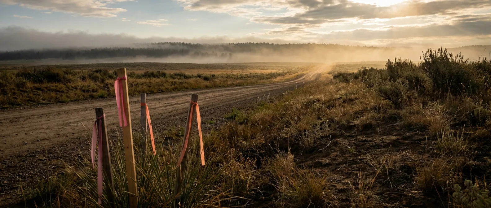 Sunrise over misty dirt road with markers, RockN' Socials digital marketing.