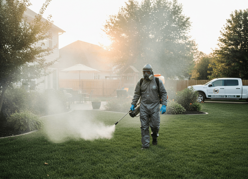 pest control technican spraying the yard of a residential home for fleas