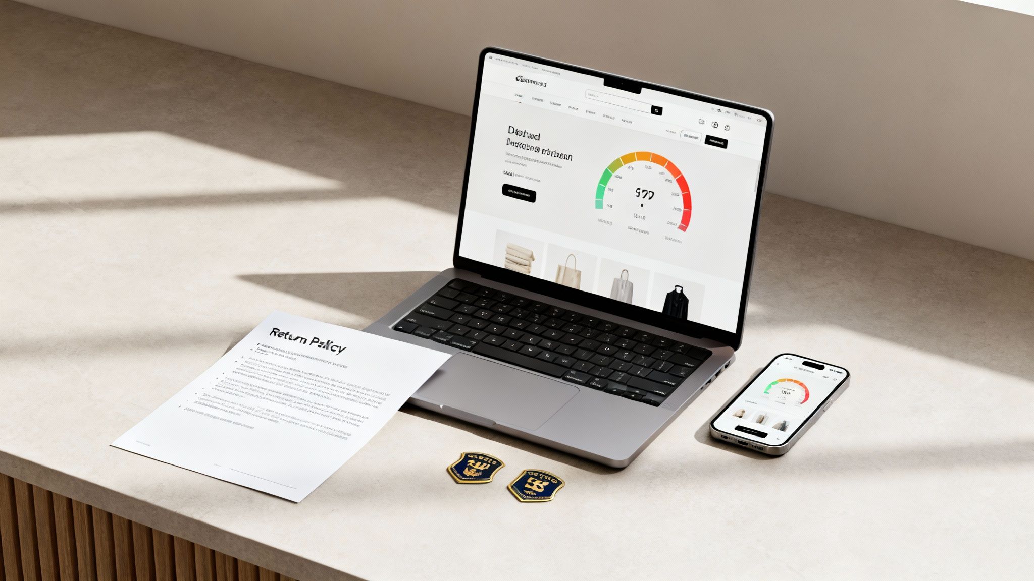 A person working on a laptop with ecommerce analytics charts in the background.