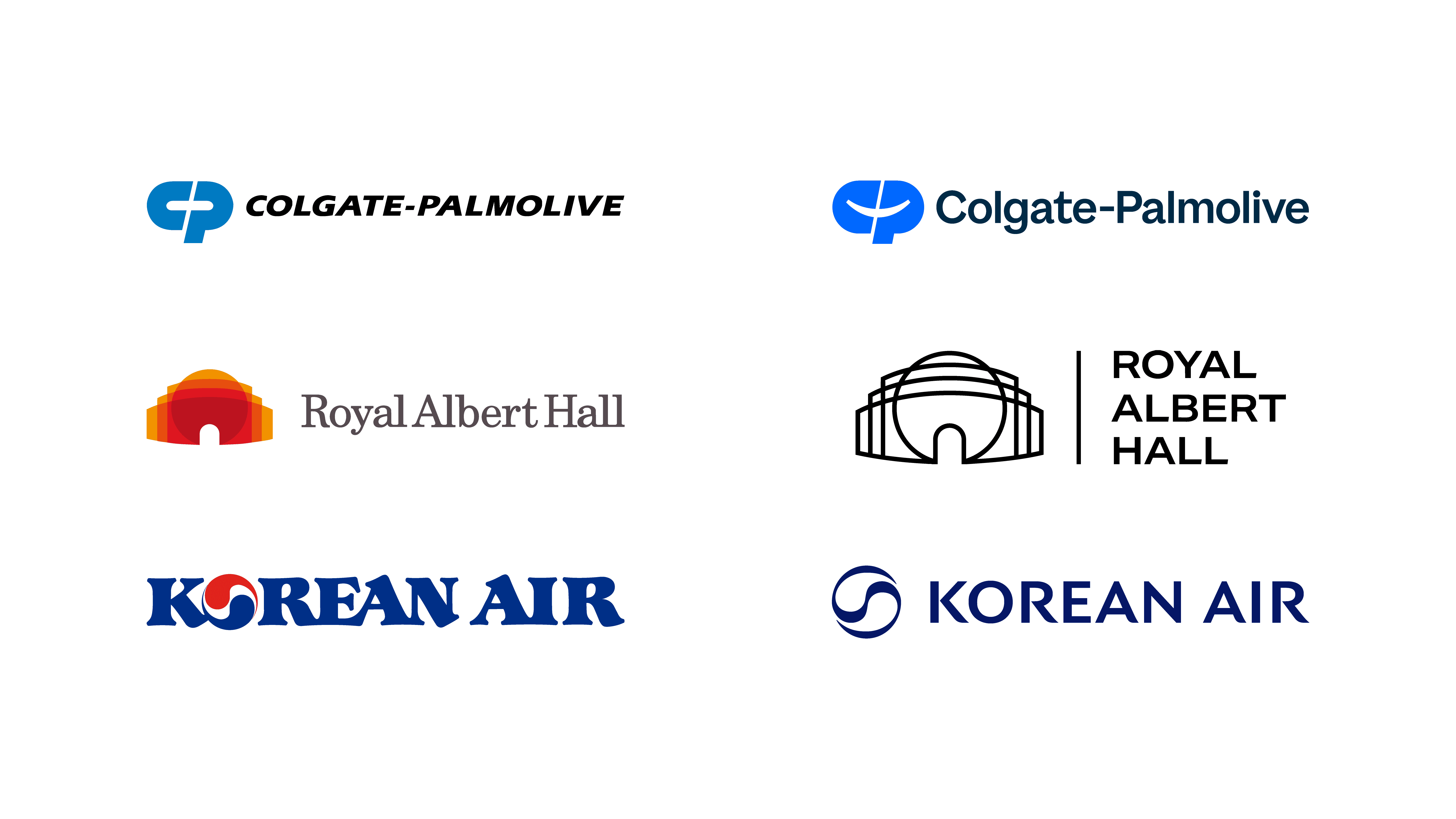 Before-and-after logo comparisons for Colgate-Palmolive, Royal Albert Hall, and Korean Air rebrands.