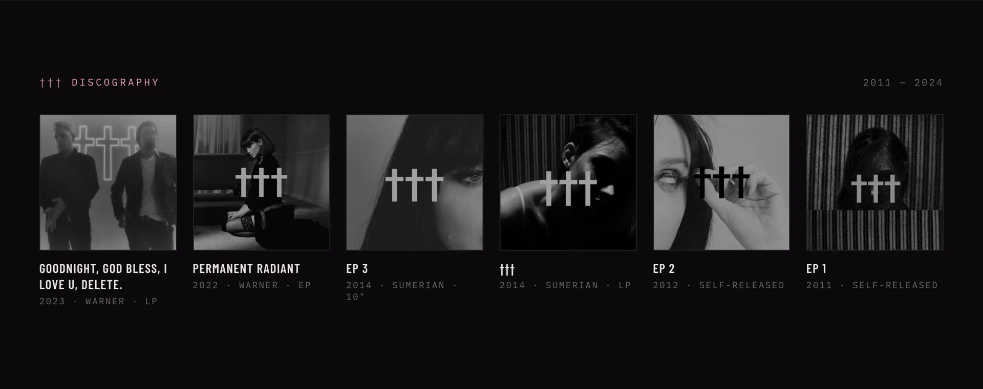 Crosses discography displayed as a horizontal collection of album covers