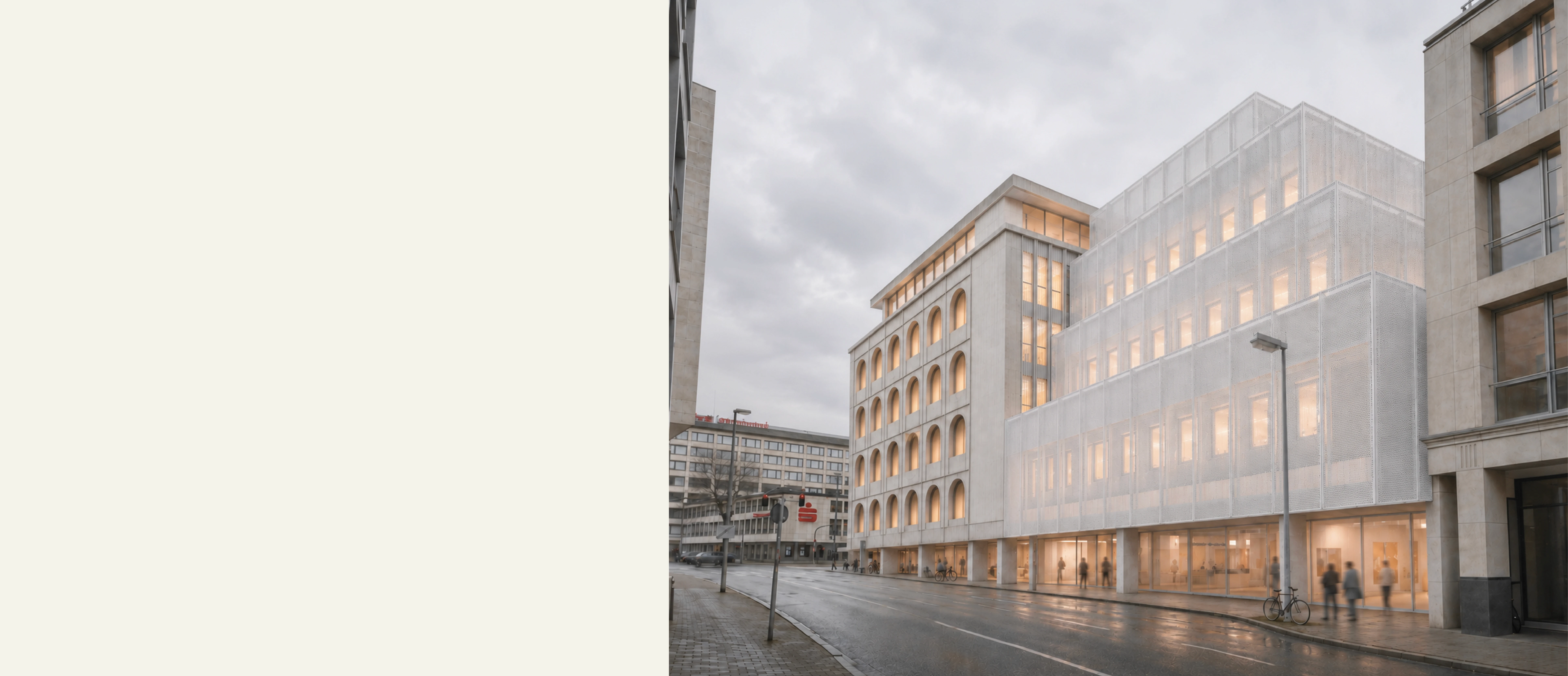 Isometrische Zeichnung eines Bauprojekts mit mehreren Gebäuden und markierten Strukturen in Rot