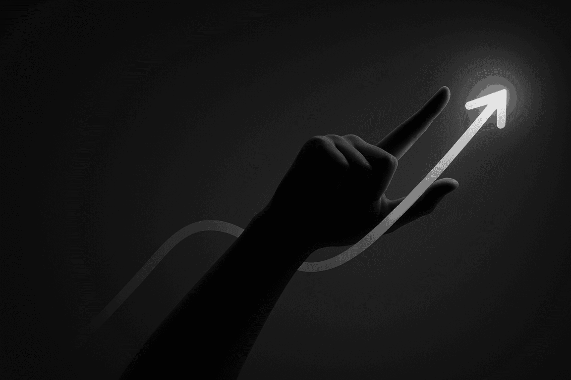 Hand pointing to a glowing blue upward arrow, symbolizing growth, progress, and success.