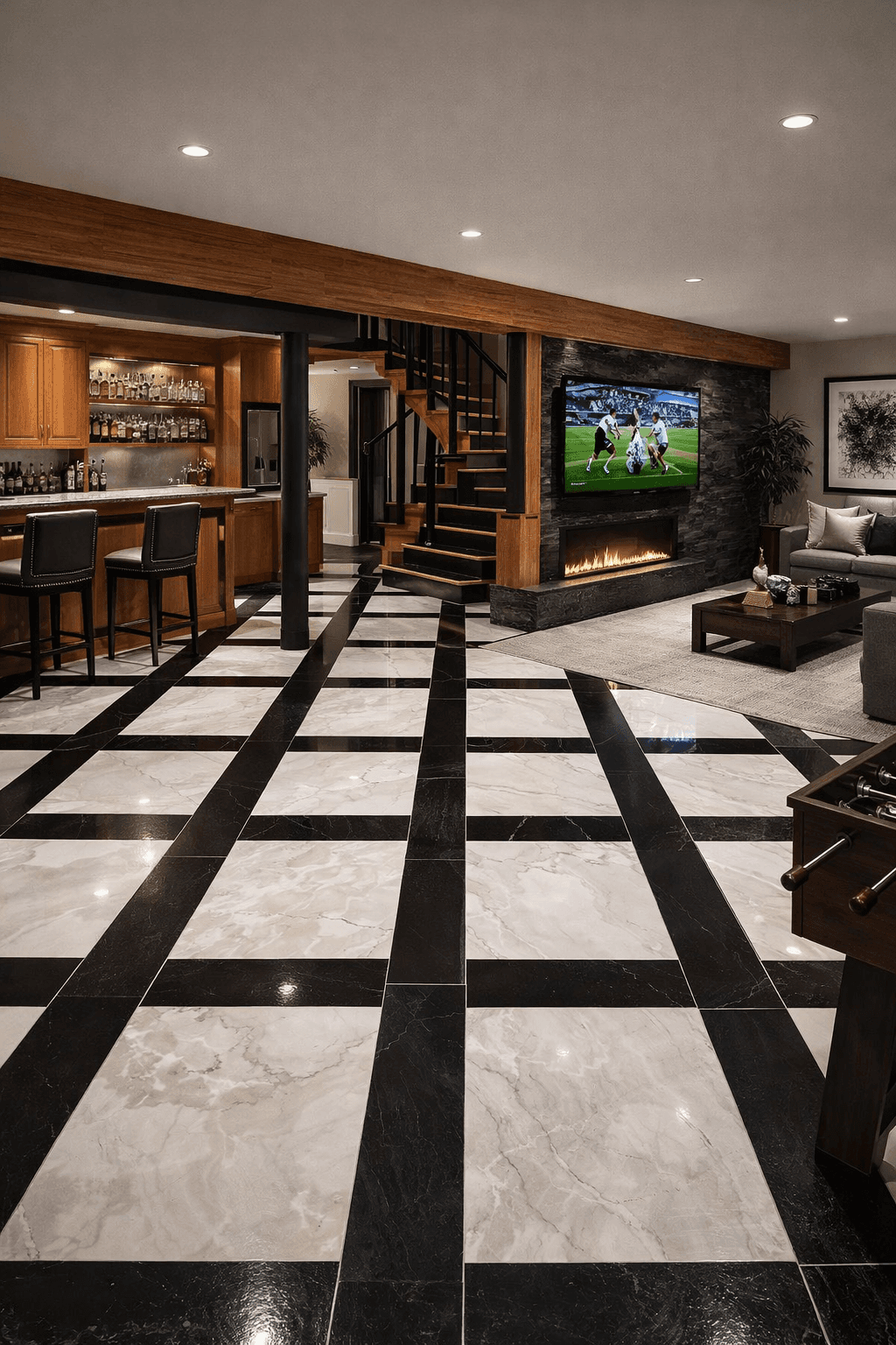 Modern living room with abstract art, beige sectional sofa, indoor plants, and large windows.