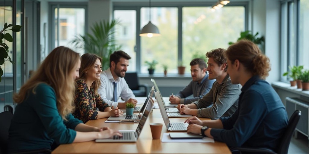 Eine Gruppe von Verbandsangestellten sitzen gemeinsam mit Laptops am Tisch