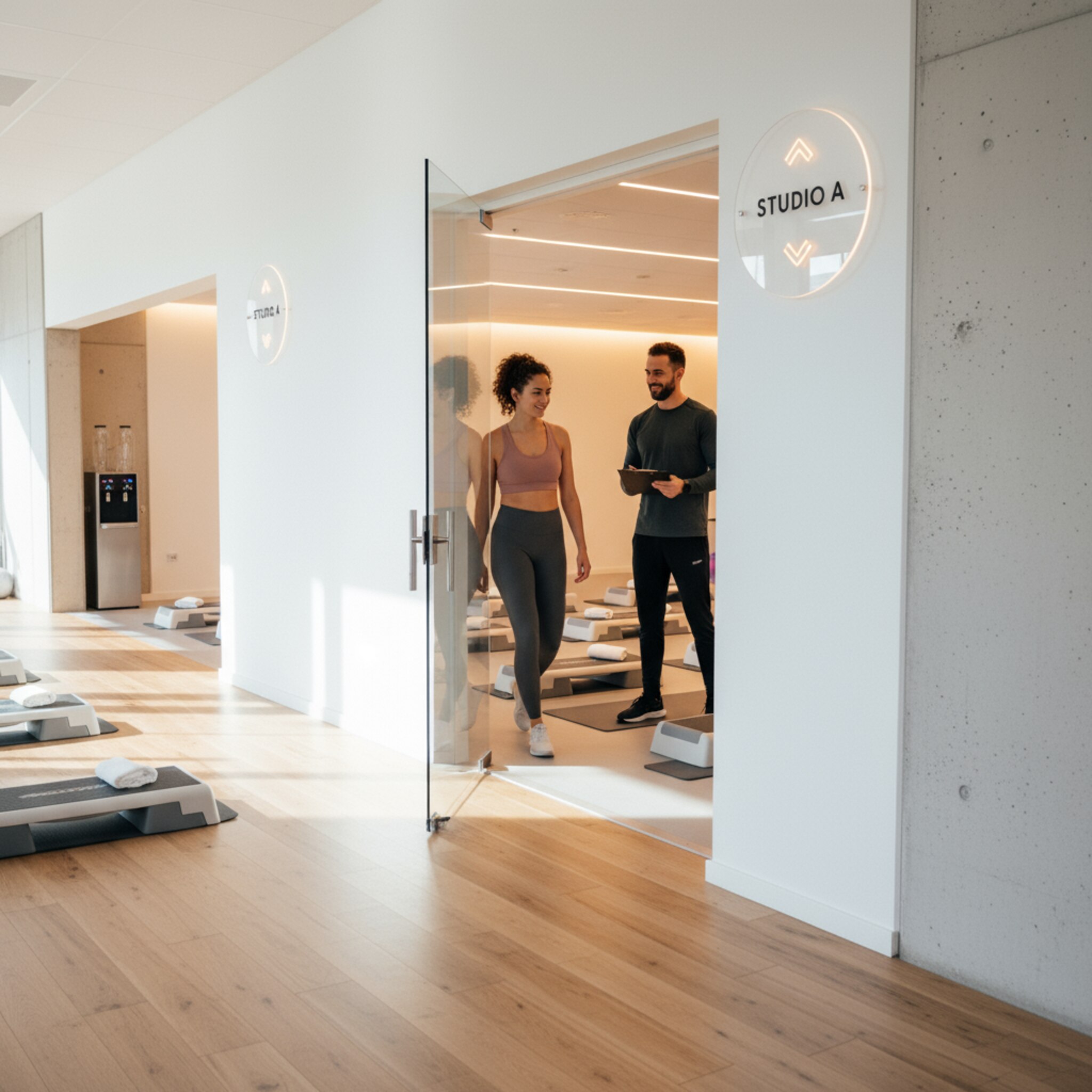 Ein moderner Studioflur mit klarer Beschilderung. Eine Person betritt gerade einen Kursraum, die Tür schwingt auf und warmes Licht fällt auf den Boden. Ein Trainer begrüßt am Eingang, im Raum stehen sauber ausgerichtete Steps. Die Szene vermittelt geordneten, nachvollziehbaren Zutritt ohne Hektik.
