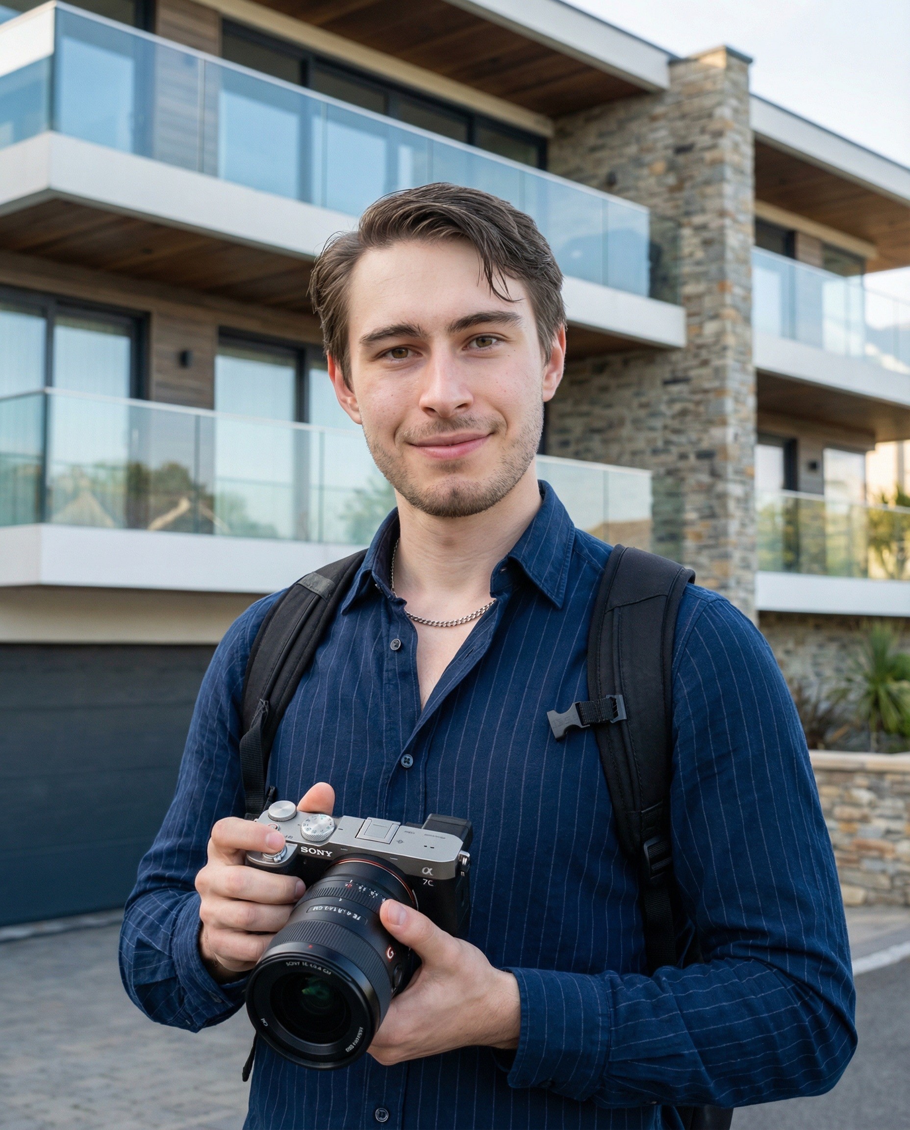 A man with a beard and sunglasses holding a camera with a long lens, wearing a jacket and backpack, looking at the camera.