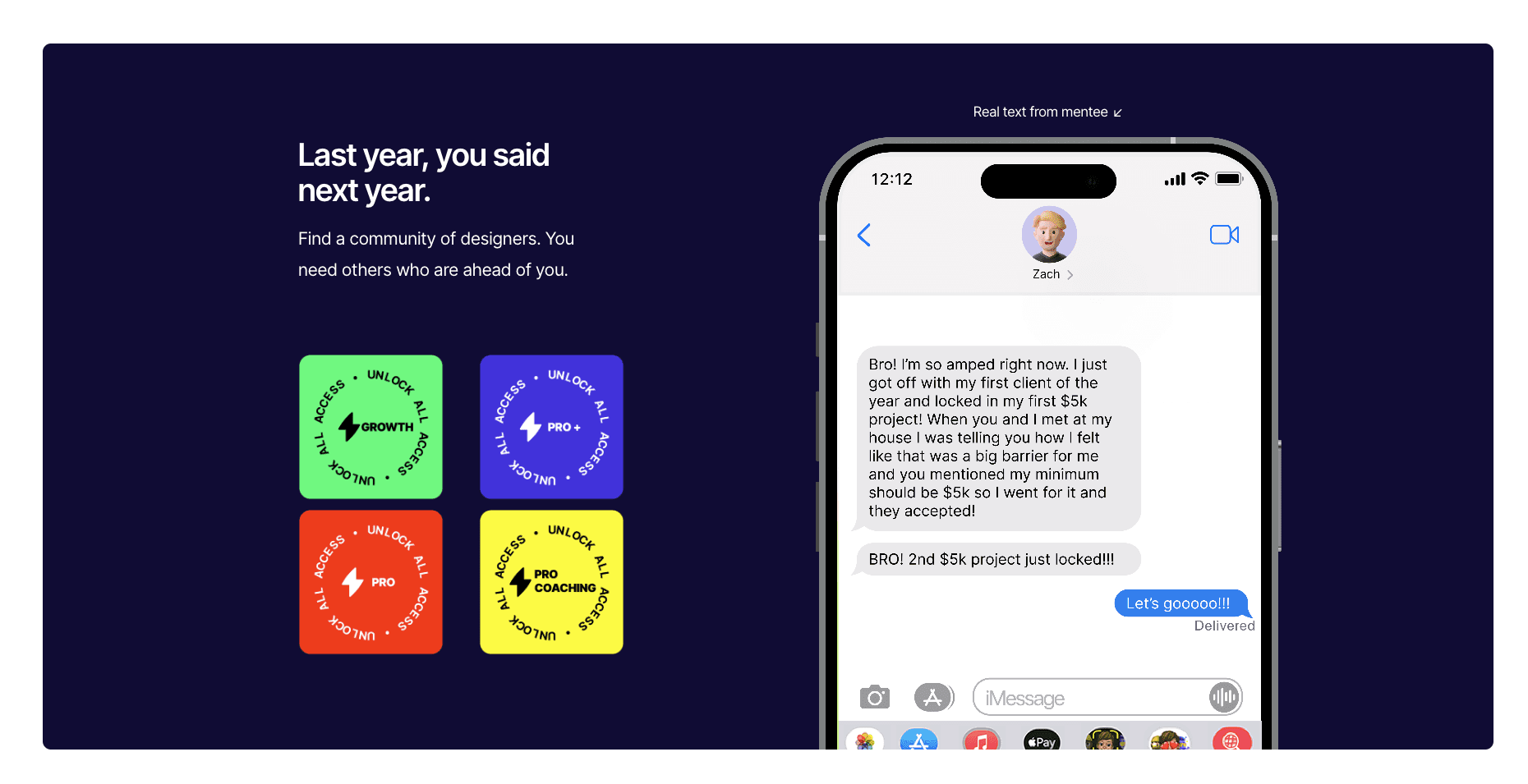 Launch Happy community section with a text message mockup showing a designer testimonial about landing a $5k project after joining the Squarespace designer community