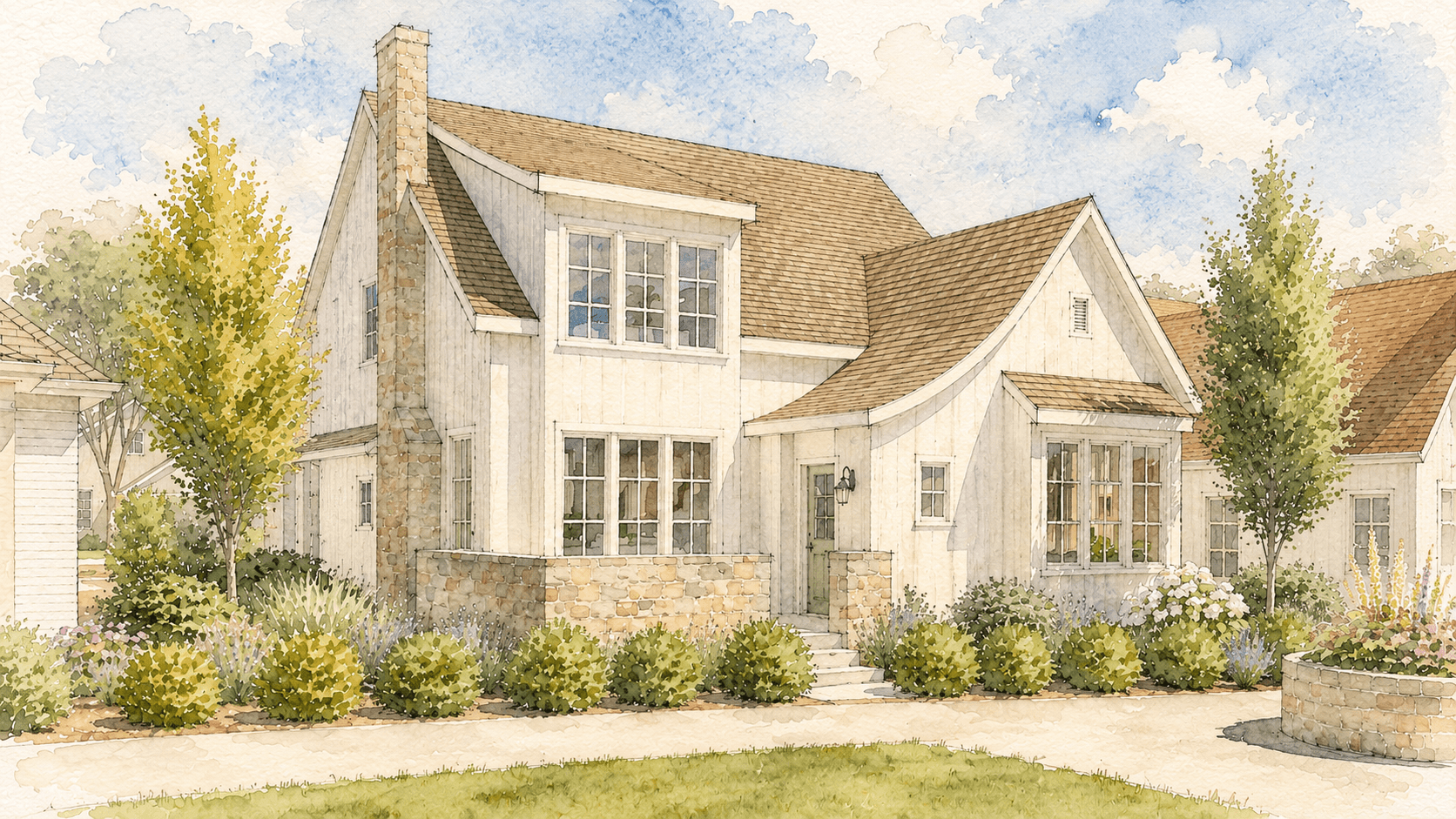 Front view of a couple cottage homes at Woodbury.