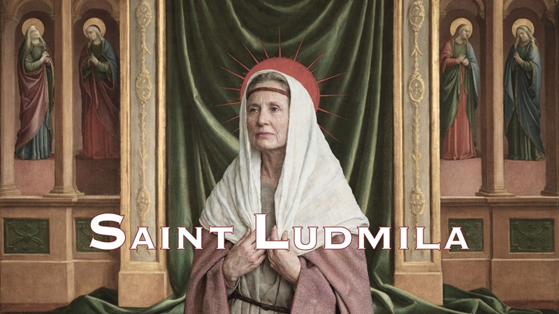 Sacred artwork by Faith and Verse. © Faith and Verse, 2025. All rights reserved.  Traditional Catholic saint portrait — Saint Ludmila of Bohemia holding her veil as token of her martyrdom. 