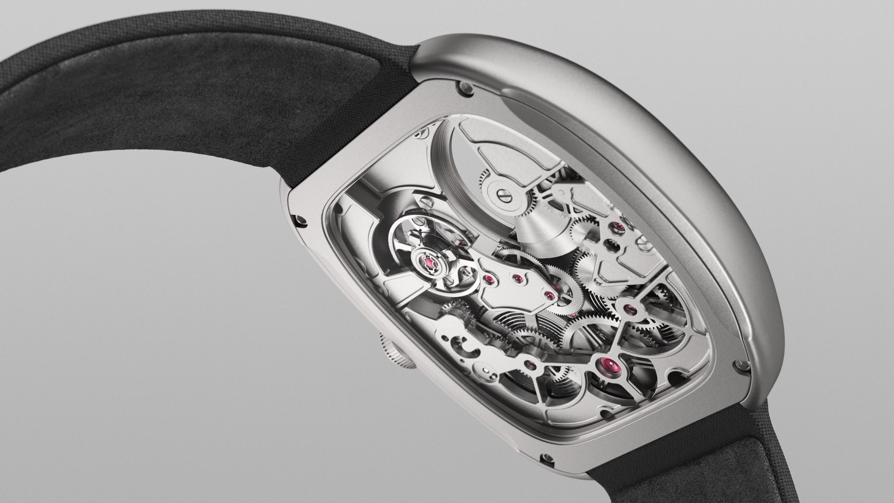 Rendering closeup posteriore del movimento del WRK ACF-02 con cinturino in alcantara e cassa in titanio