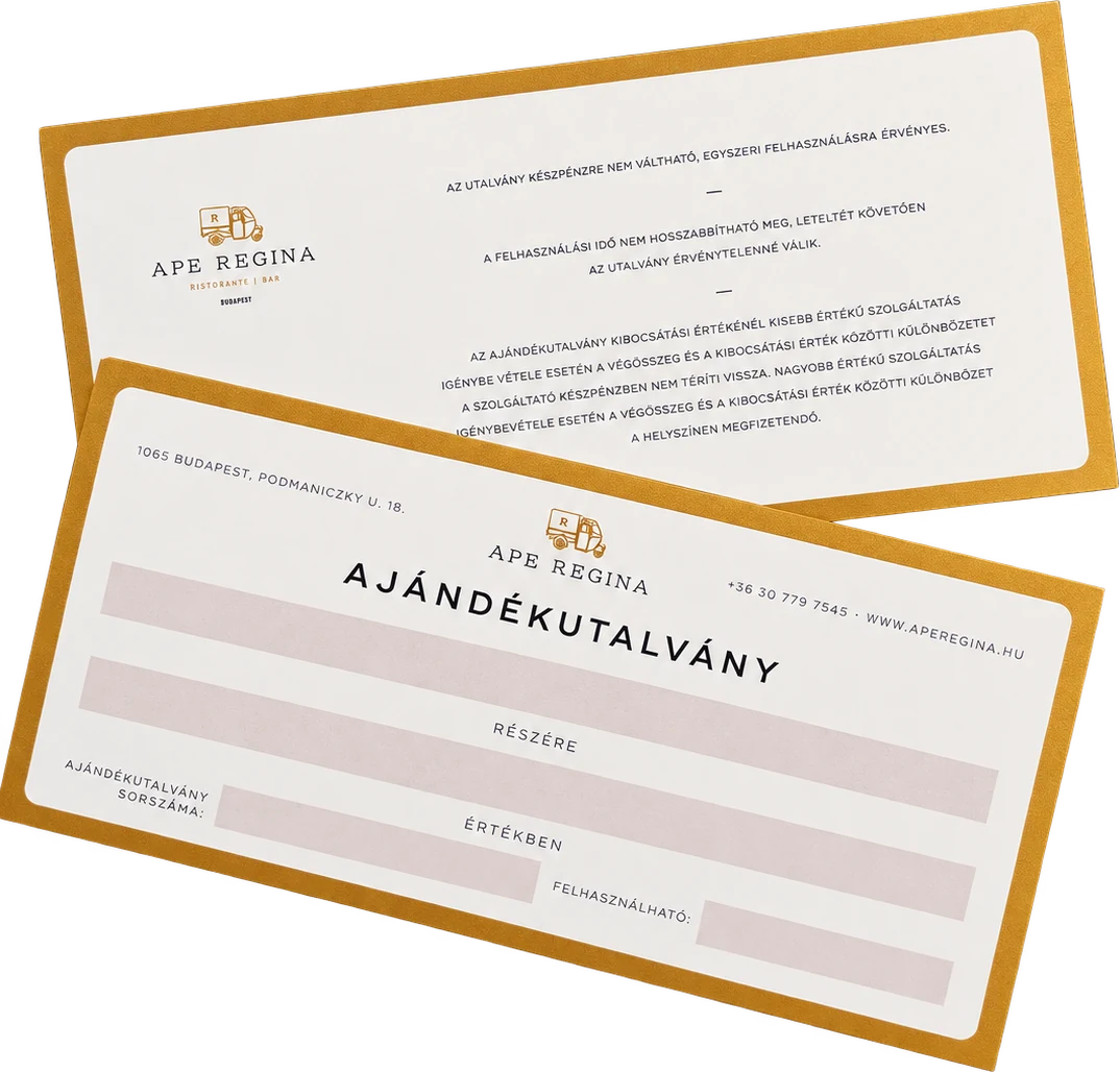 Ape Regina ajándékutalvány – két arany keretes utalvány