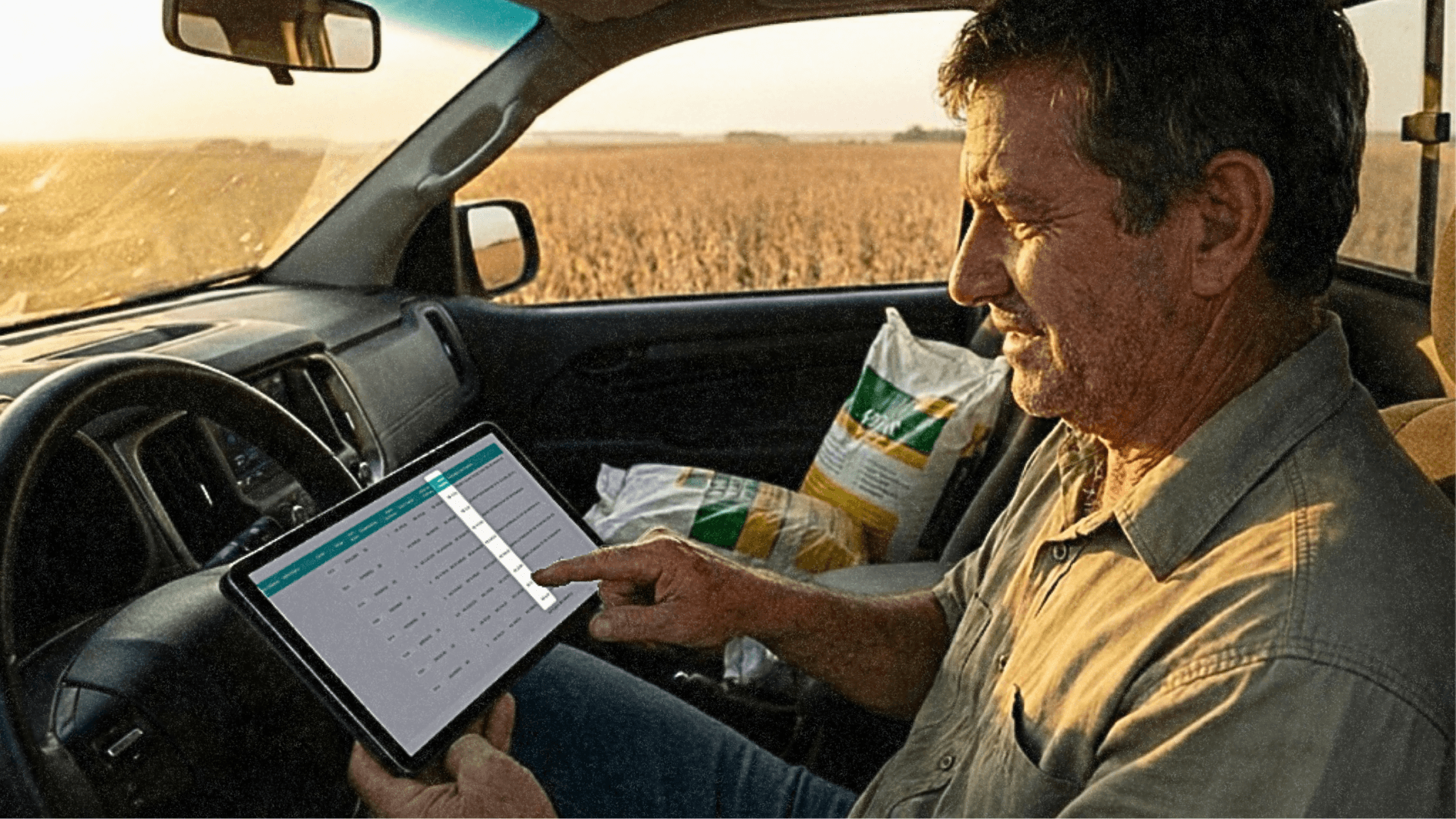 Produtor rural usando sistema Lucro Rural para geração automática e segura do e-Cred Rural via tablet dentro da caminhonete.