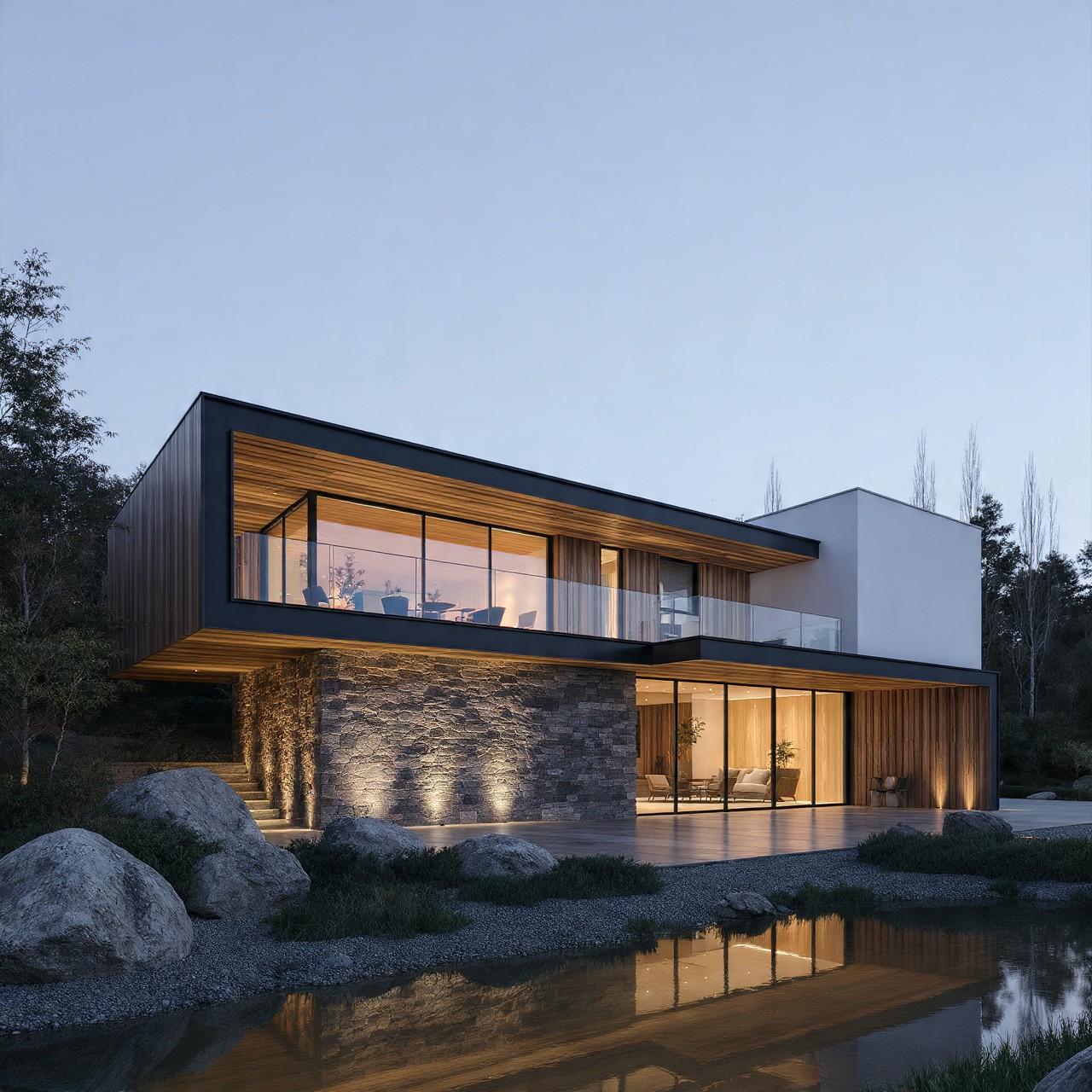 Modern two-story house at dusk, featuring floor-to-ceiling windows, wood paneling, and stone facade. Reflections on a tranquil pond enhance the serene setting.