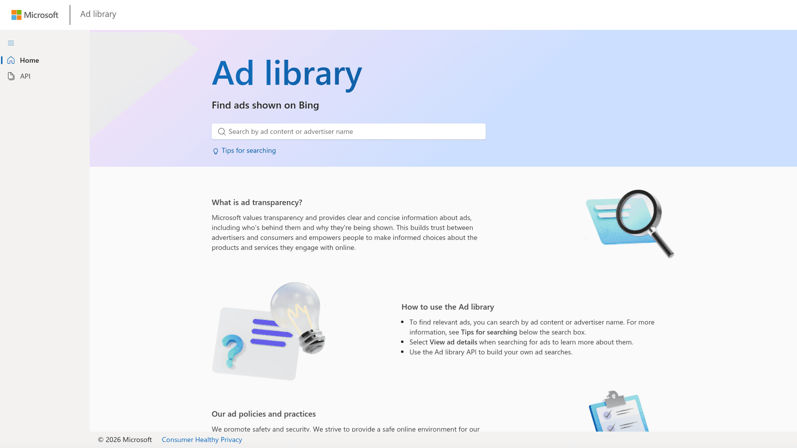 The Microsoft Ad library homepage showing a search bar and information about ad transparency.