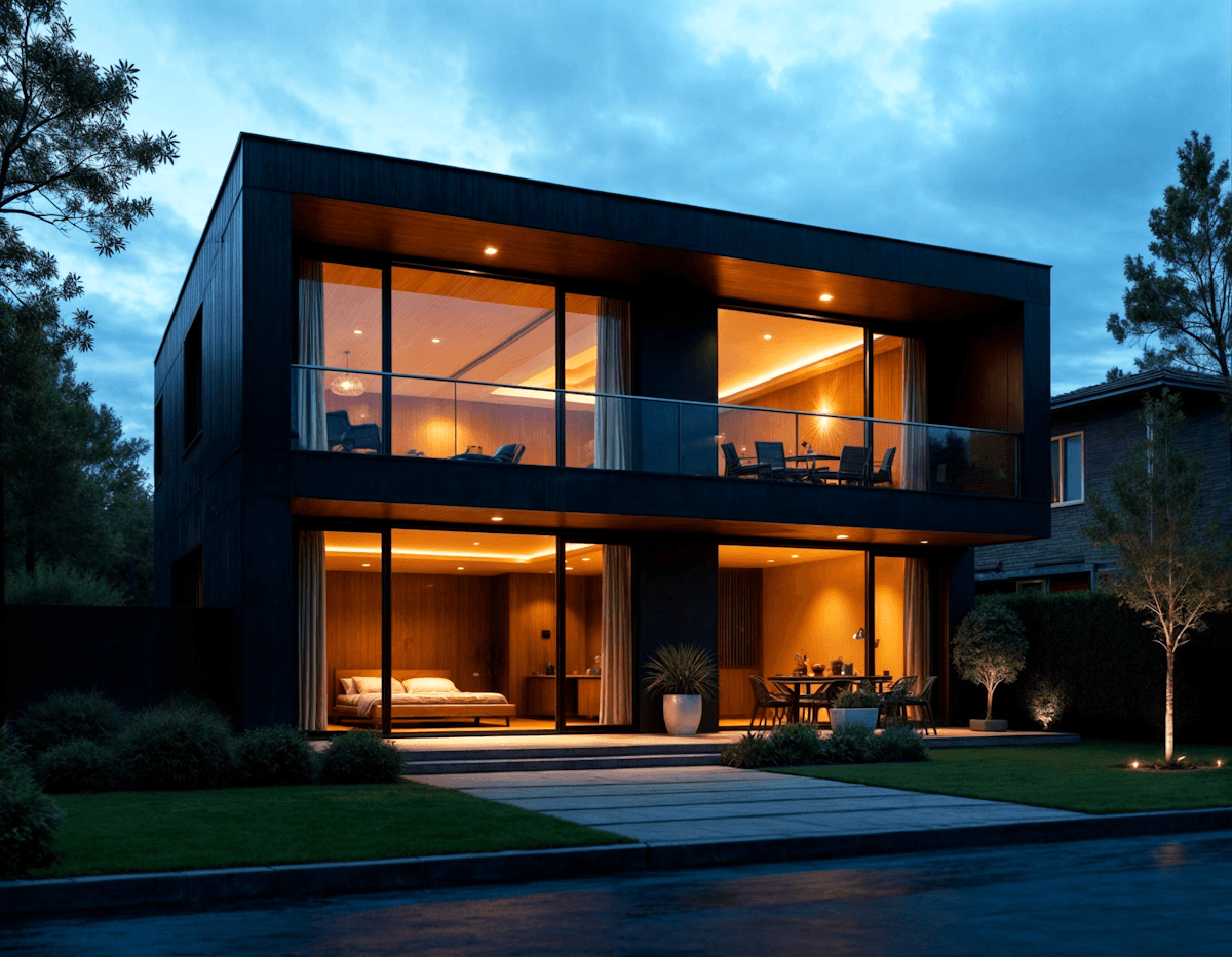 Modern two-story minimalist house with dark exterior walls, floor-to-ceiling glass windows, and warm interior lighting at dusk.