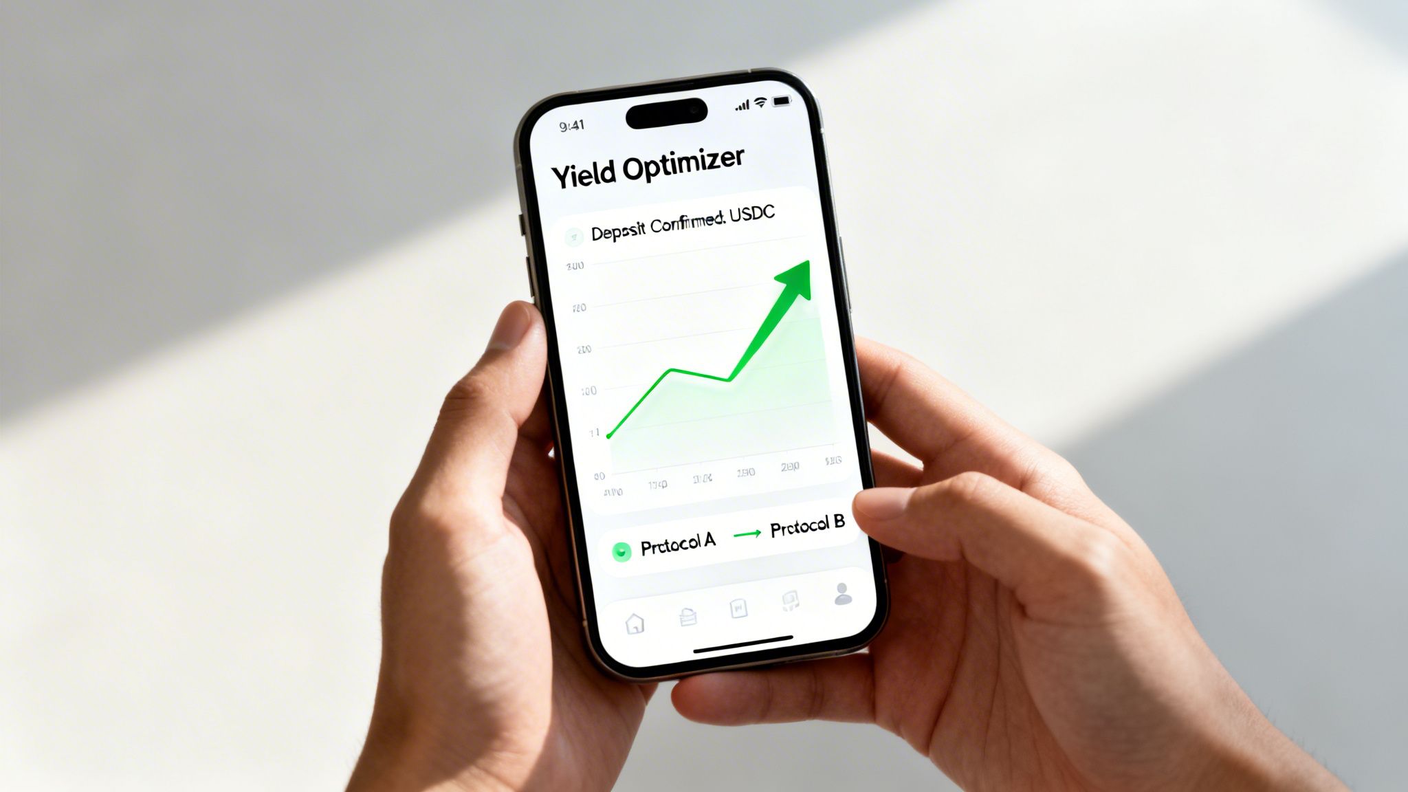 Hands holding a smartphone displaying a 'Yield Optimizer' app with an upward trending graph.