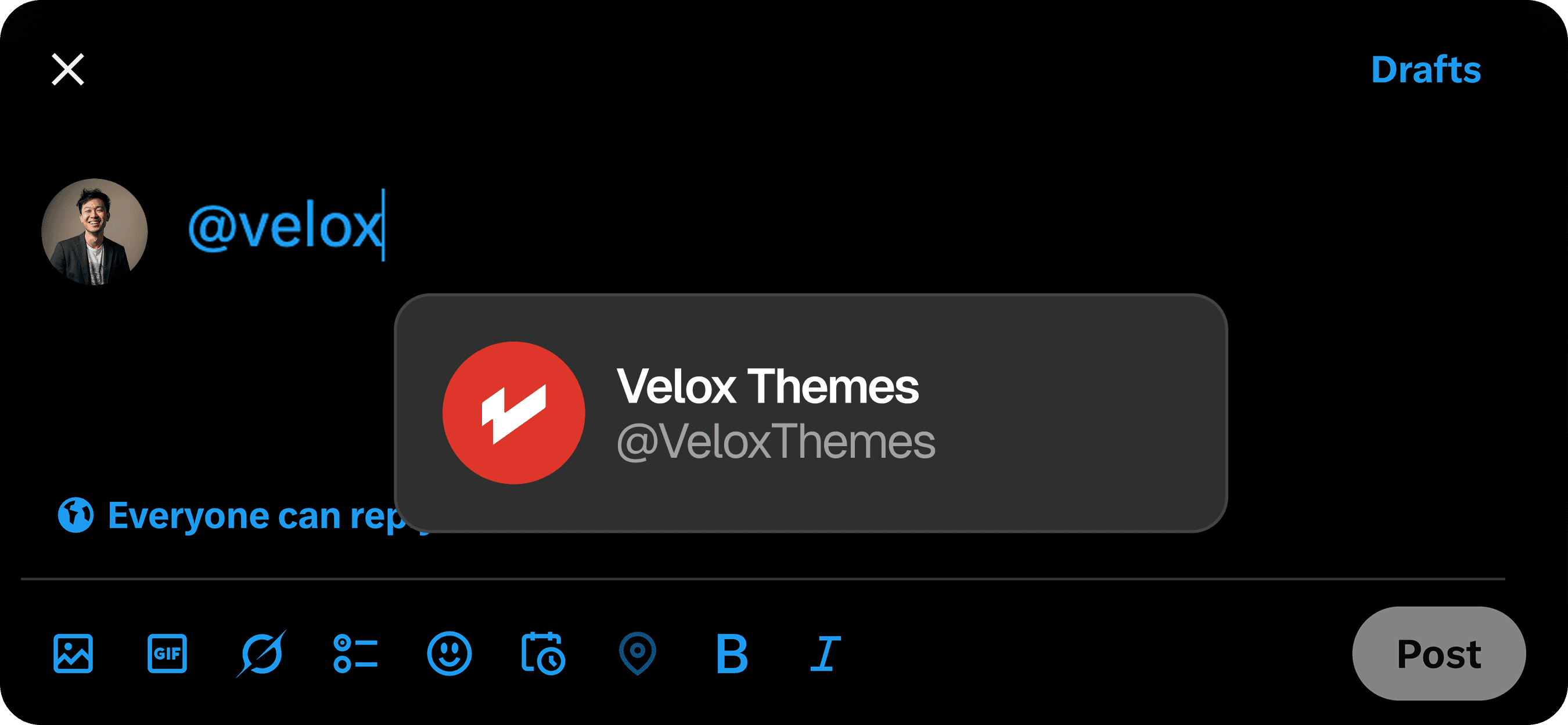 X post with Velox Themes tag