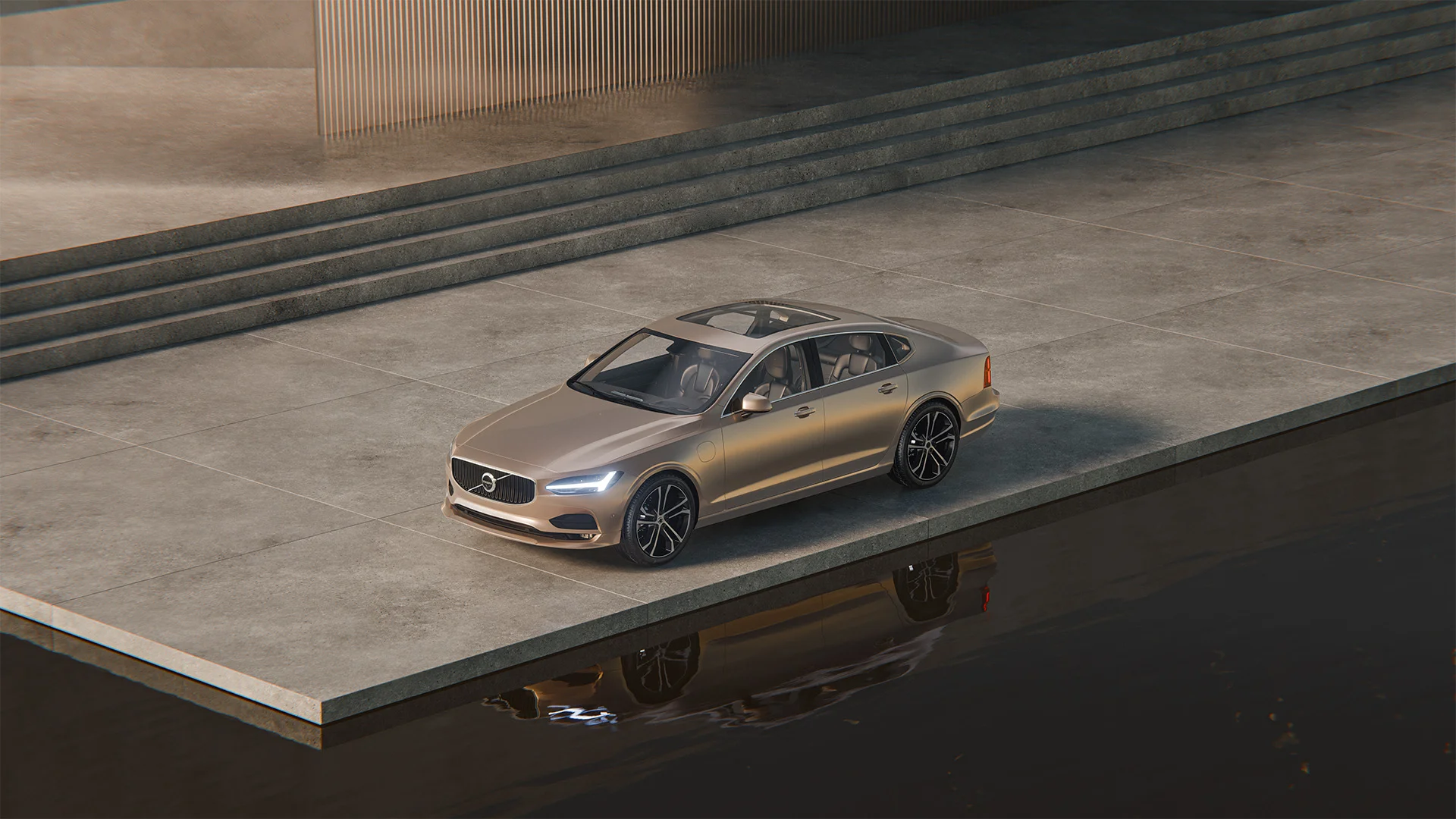 Photorealistic 3D render of Volvo S90 luxury sedan