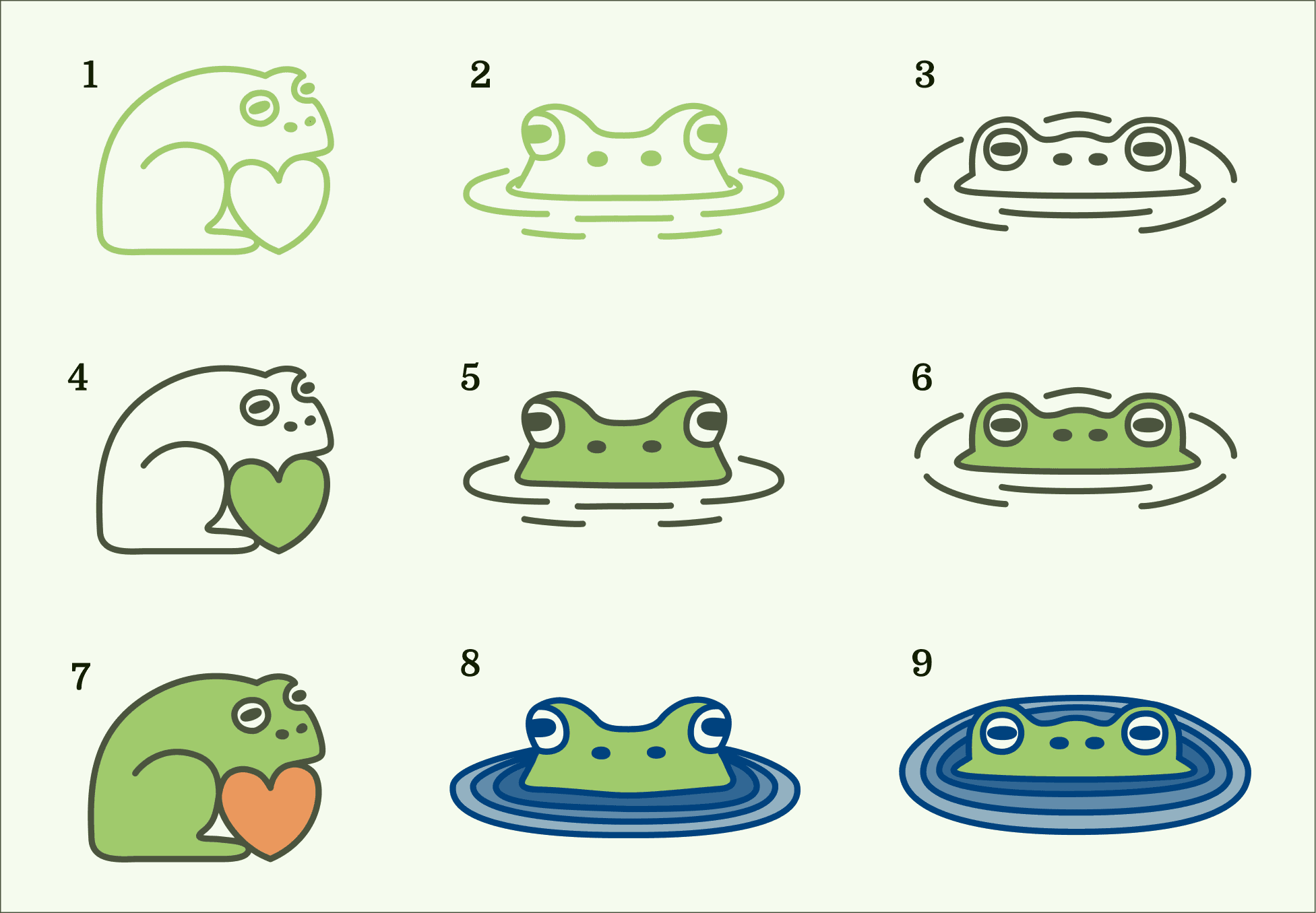 9 different frog logos