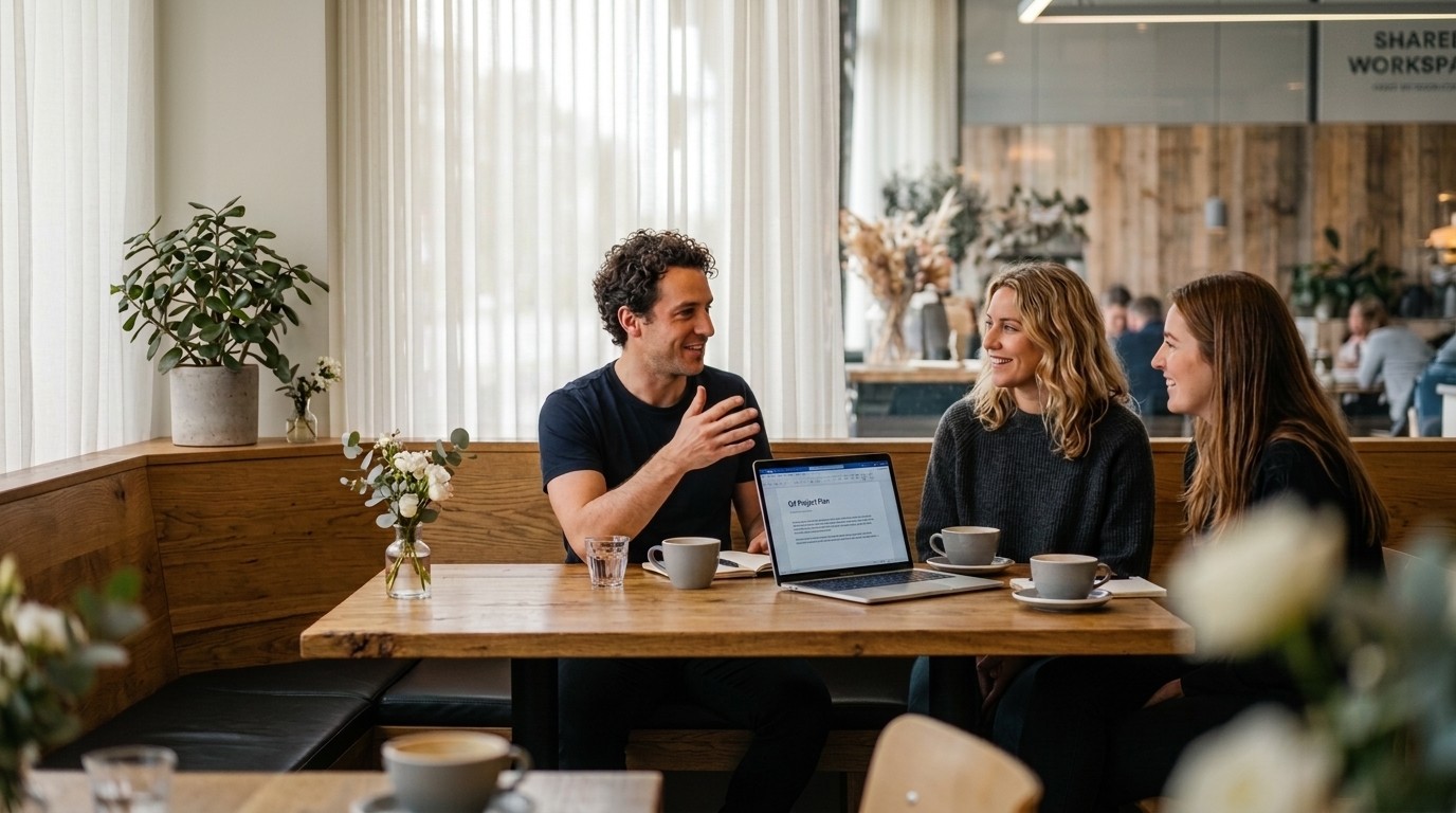 Coworkers discussing over coffee