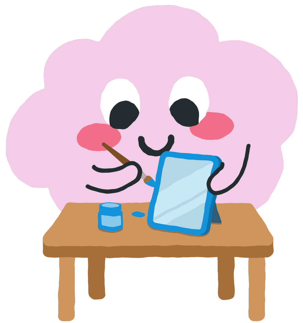 Mascotte nuage rose entrain de peindre un cadre.