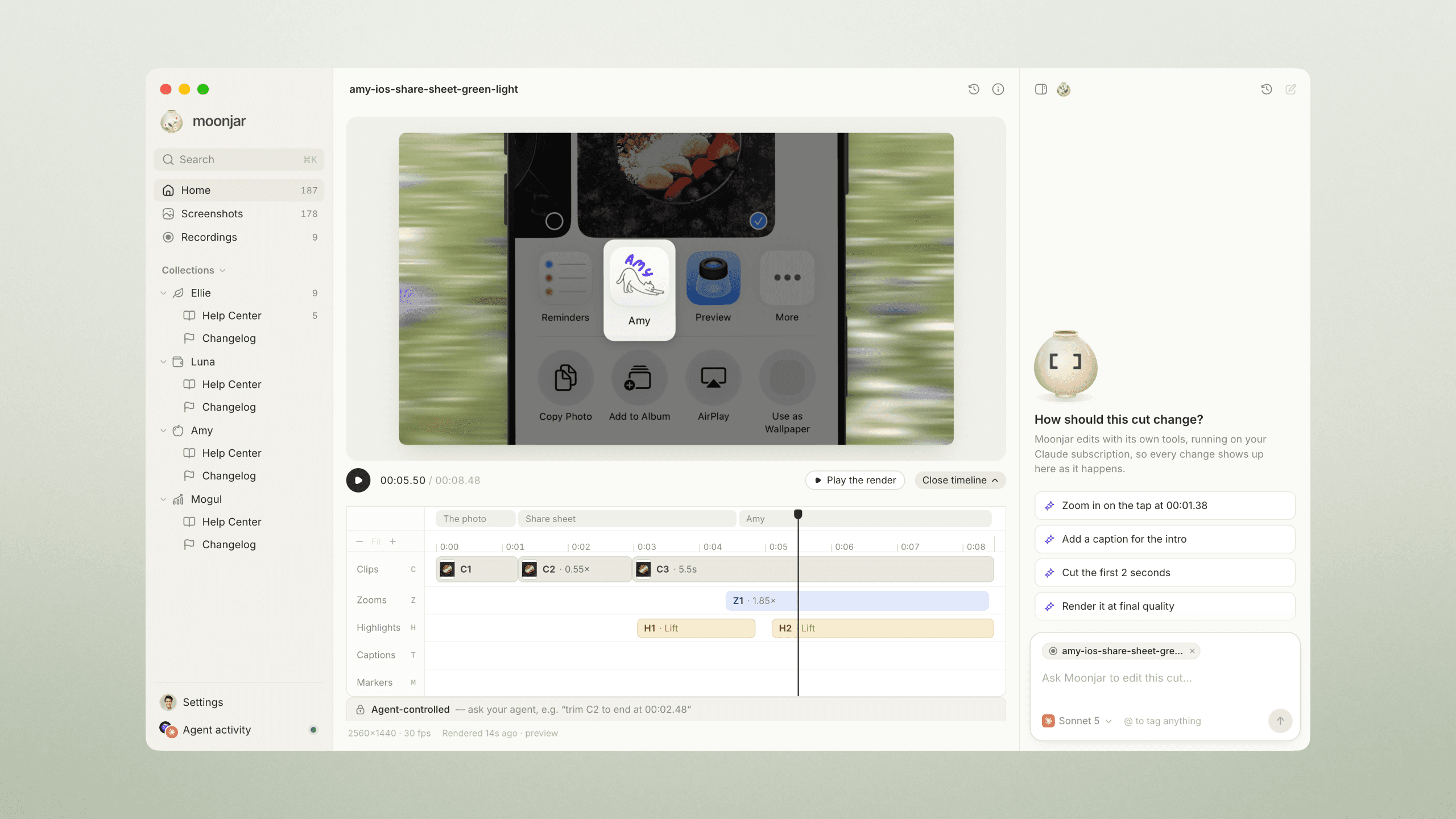 Moonjar editing a screen recording with its beats timeline