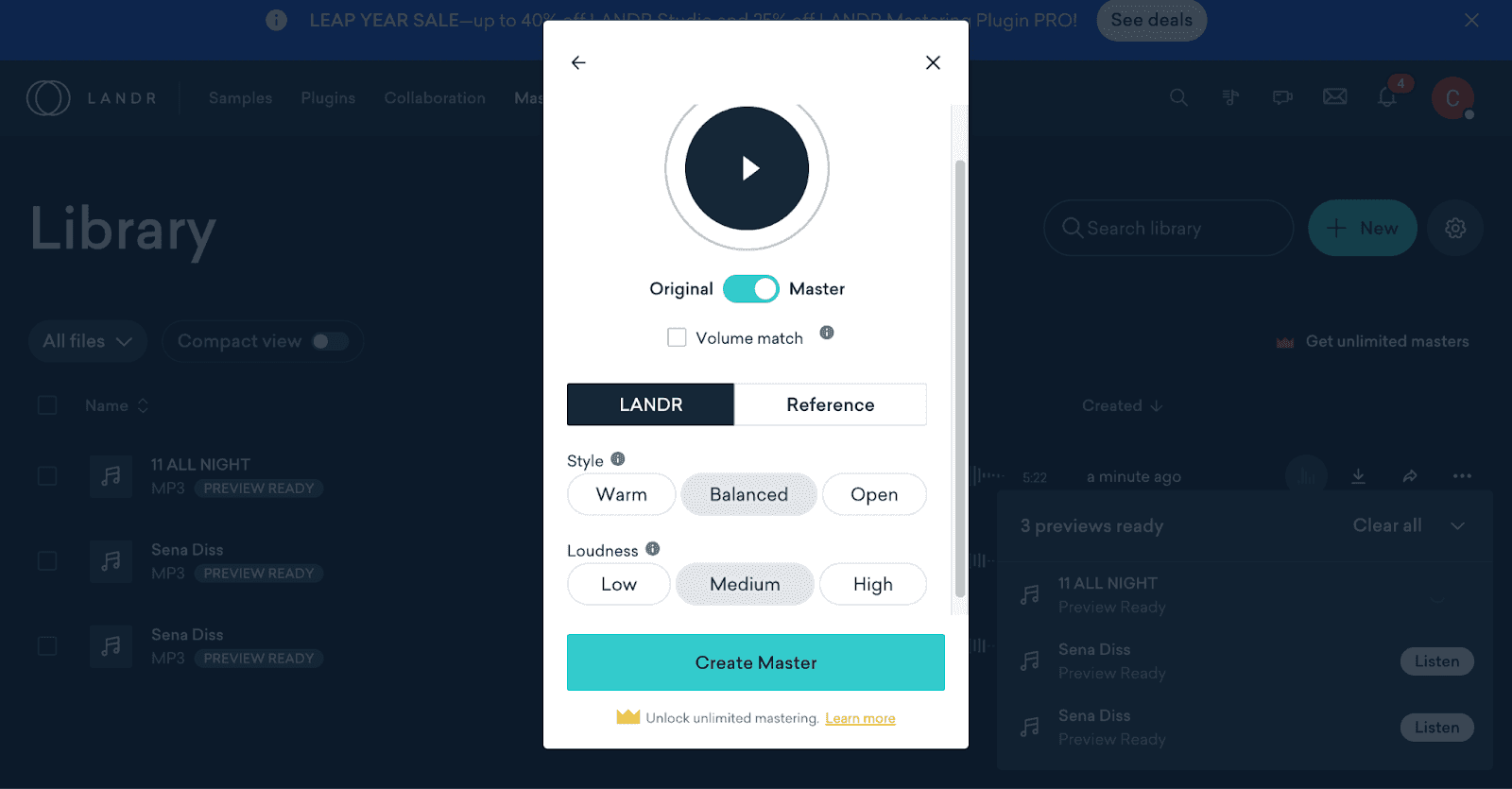 Landr AI mastering page