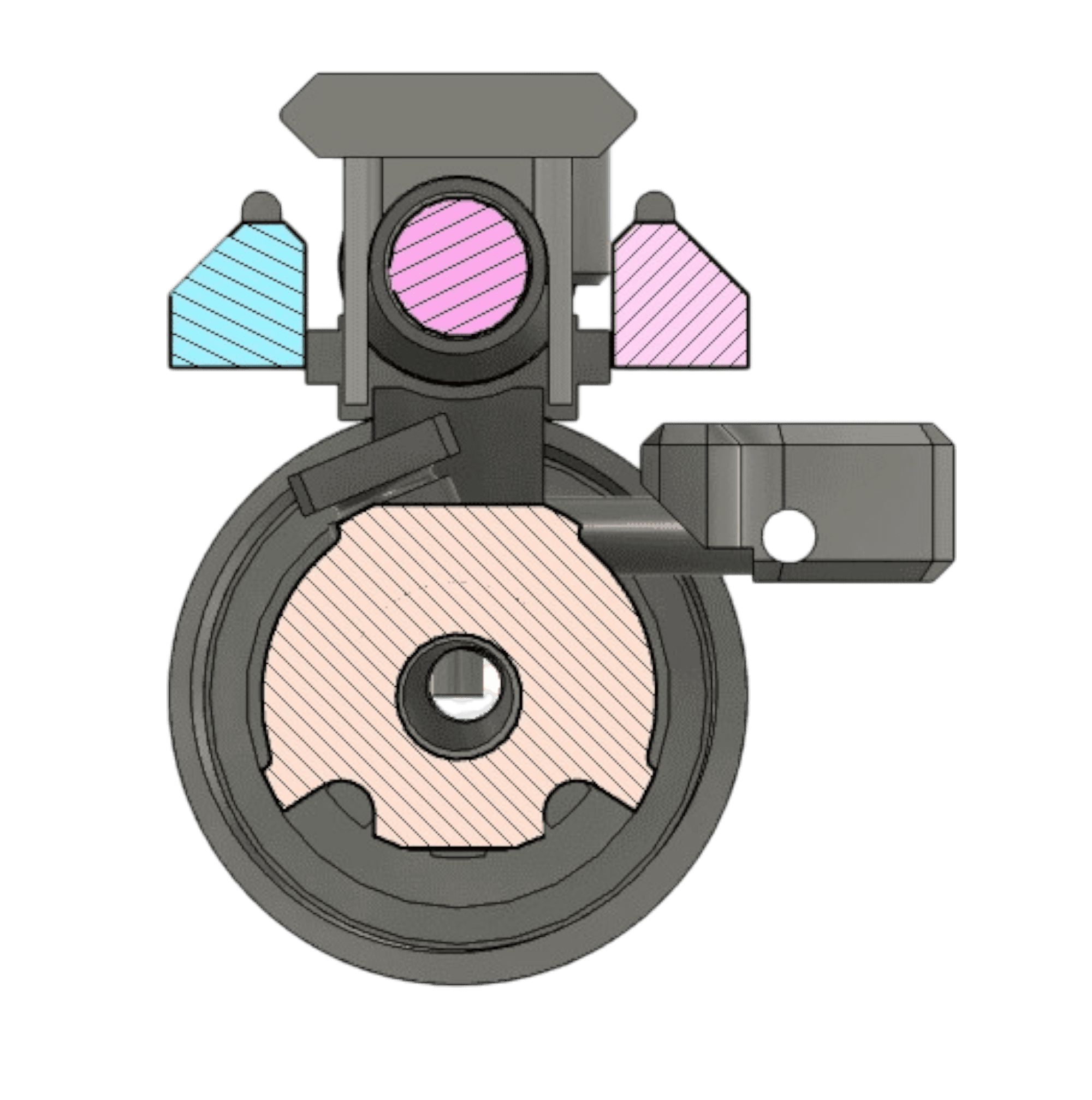 Cross Section View of the Operating System showing the incorporation of the Brace Rails, the Locking Clip Mechanism, and Charging Handle.