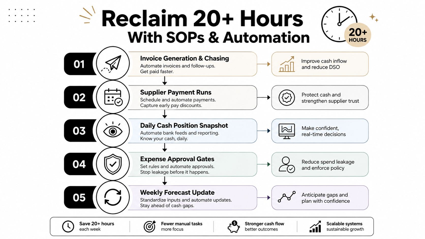 An infographic showing five steps for automating financial operations to save over 20 hours each week.