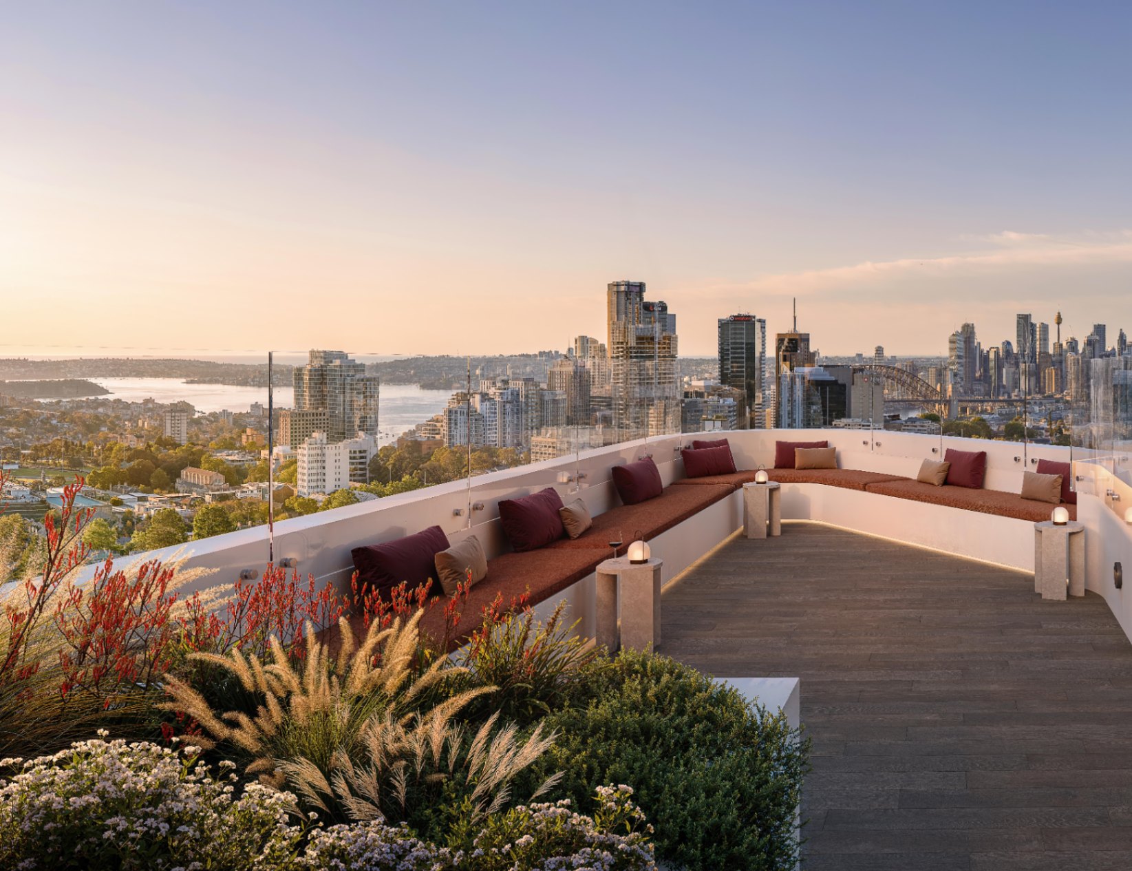 Rooftop terrace with skyline views at Falcon and Alexander off the plan Sydney apartment development