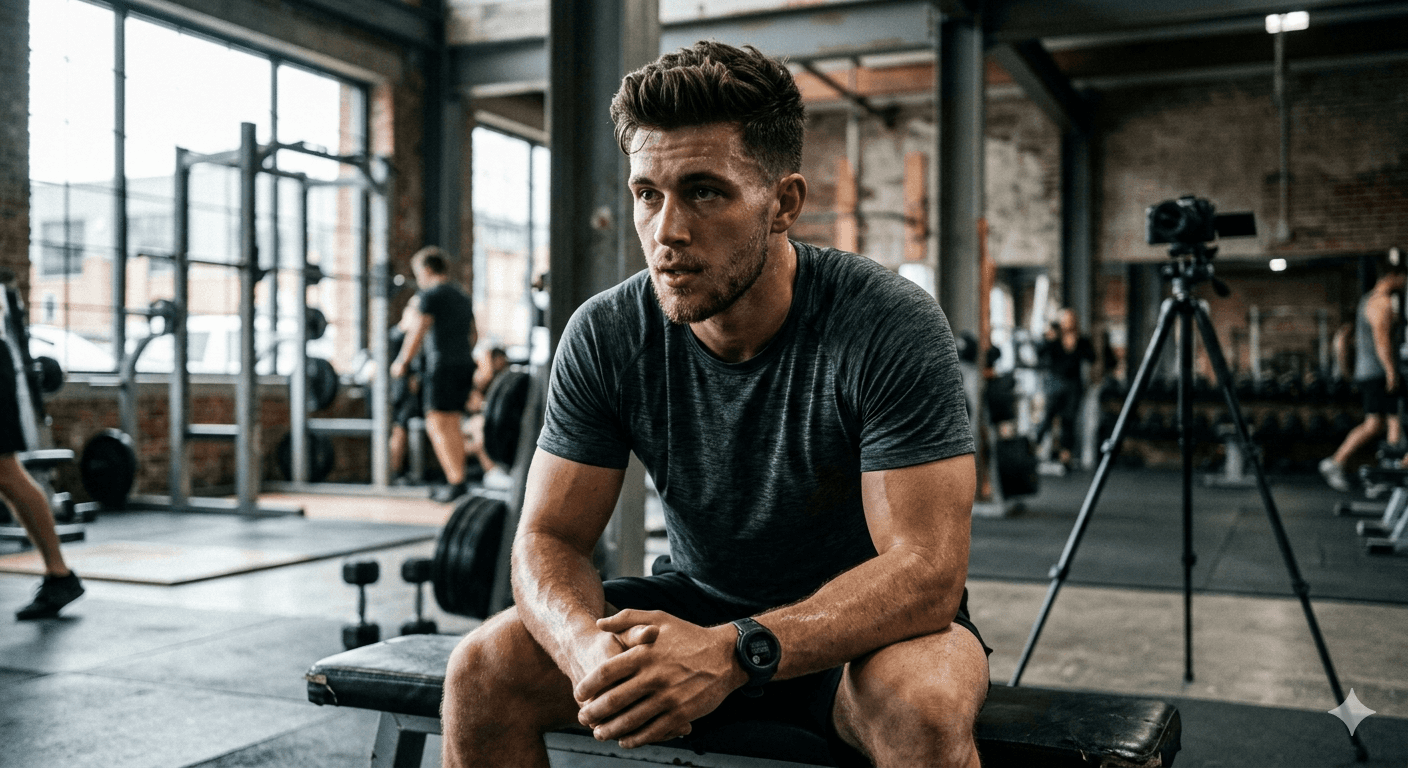 Muscular man with short brown hair sitting on bench looking to the side in gym.