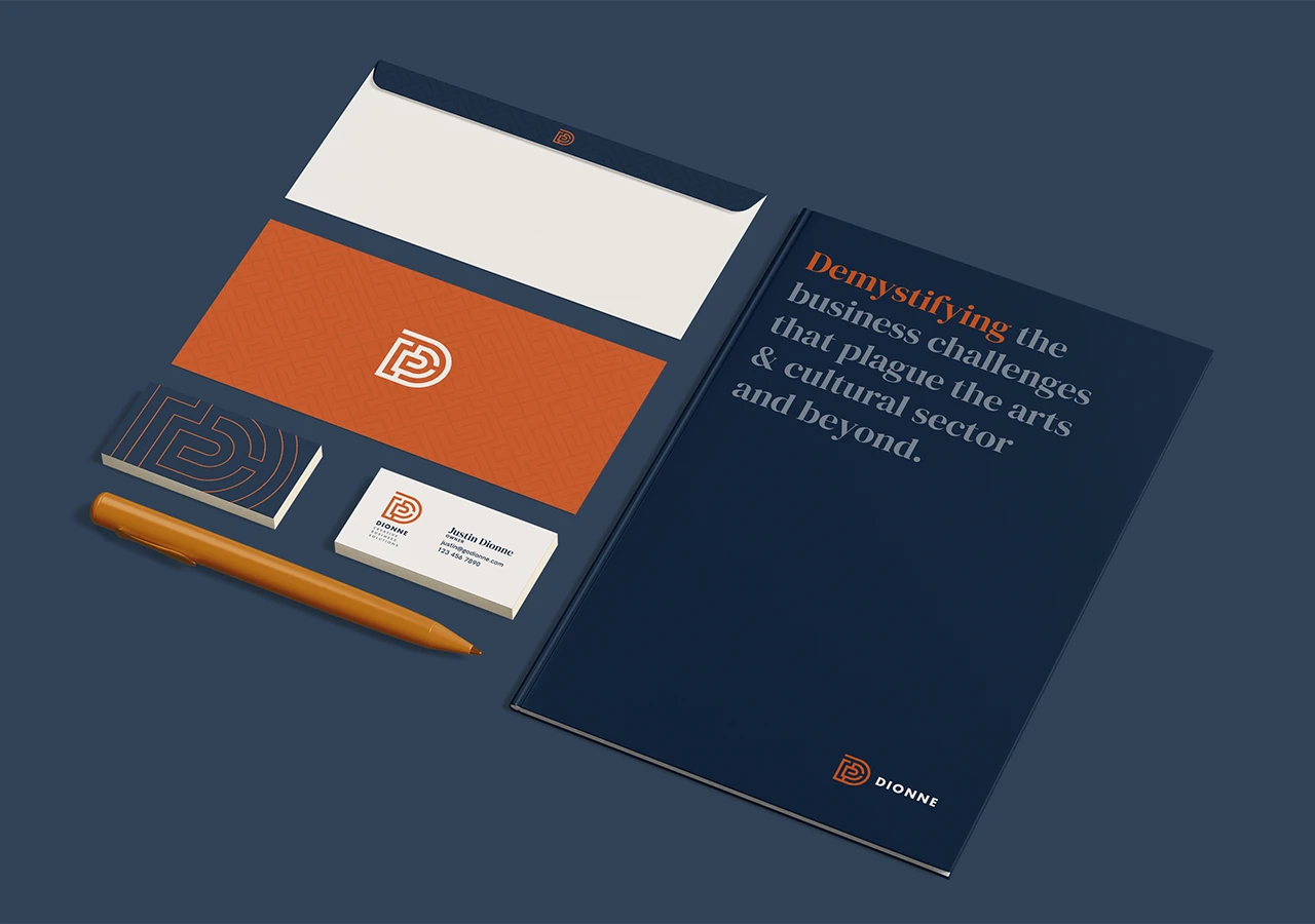 A mockup of stationery featuring the brand style.