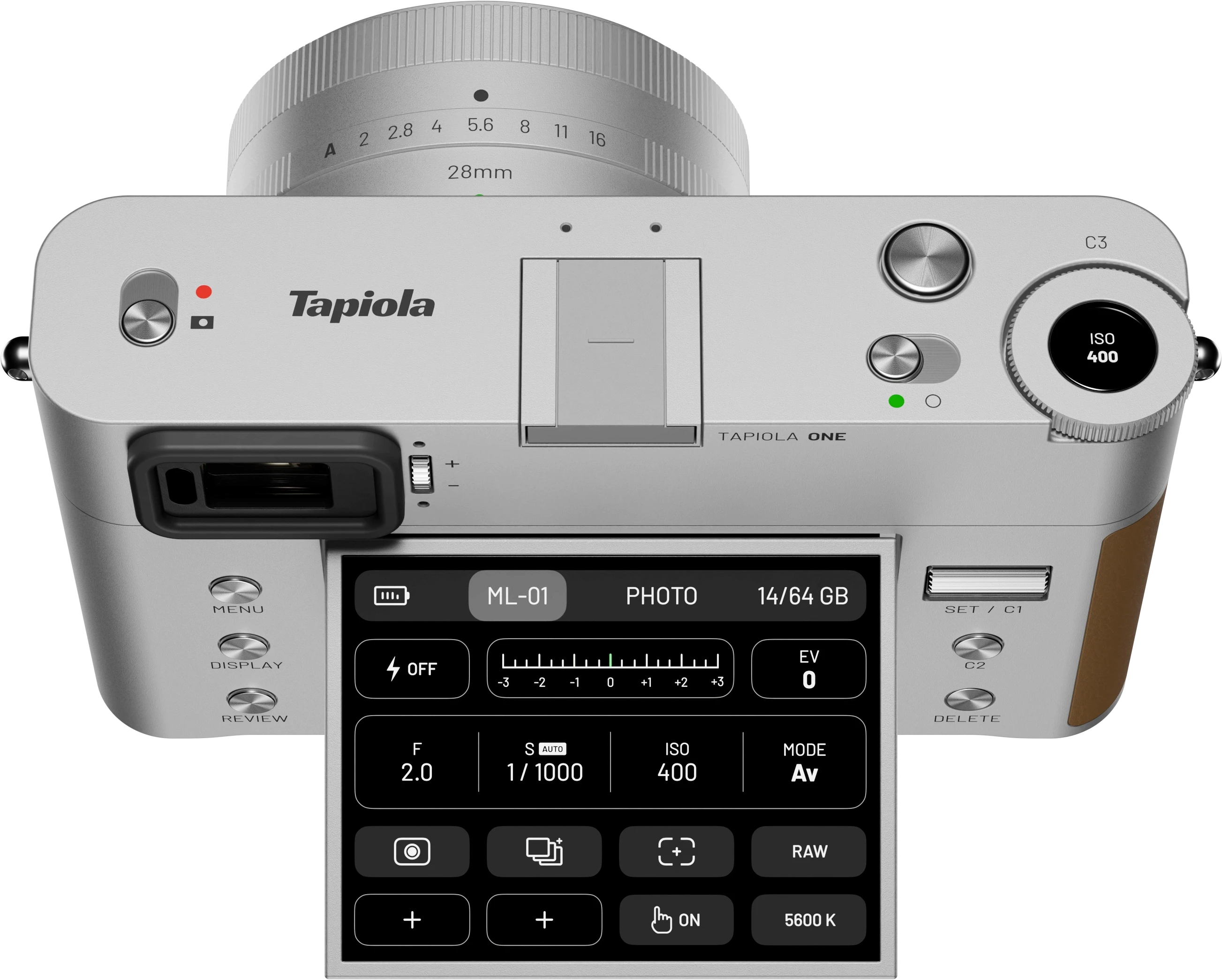 An image of a digital camera Tapiola One with unfolded screen showing UI