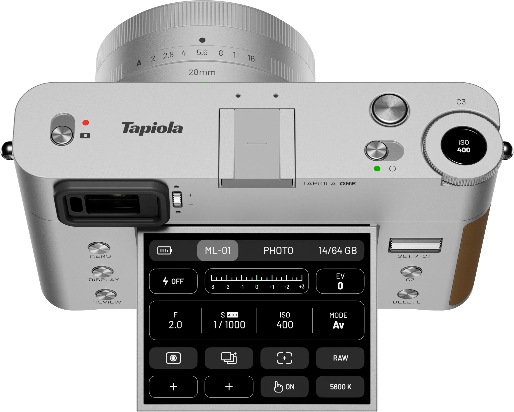 An image of a digital camera Tapiola One with unfolded screen showing UI