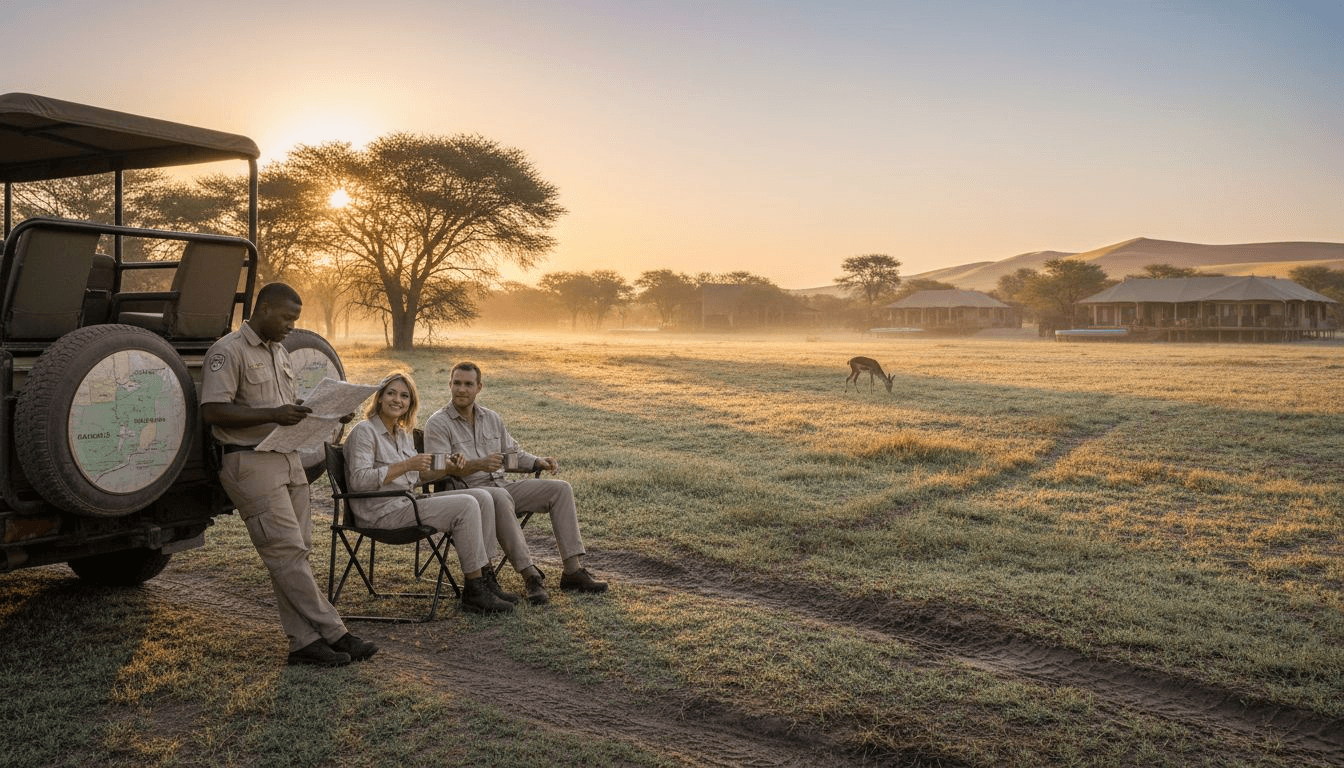 Safari guide and couple at sunrise beside jeep