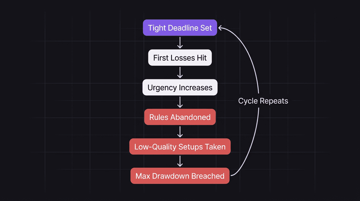 Flowchart showing how a tight trading deadline creates a spiral of rule breaking and account failure