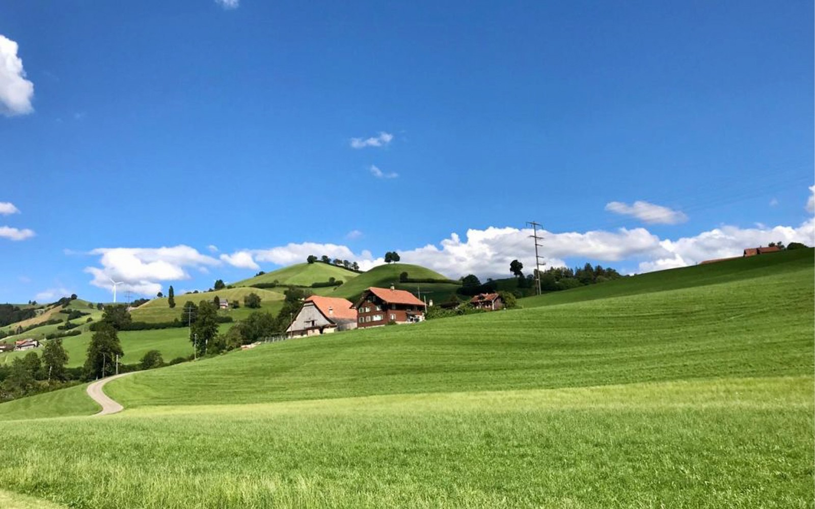 Colinas verdes onduladas con casas de campo cerca de Berna, Suiza, en un día soleado.