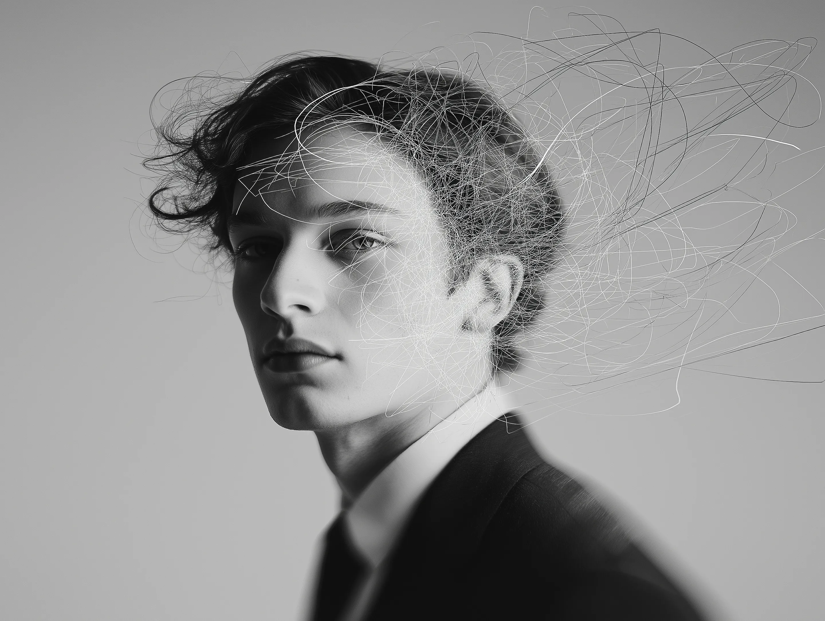 Darstellung eines jungen Mannes in Schwarz-weiß, mit Linien über dem Gesicht