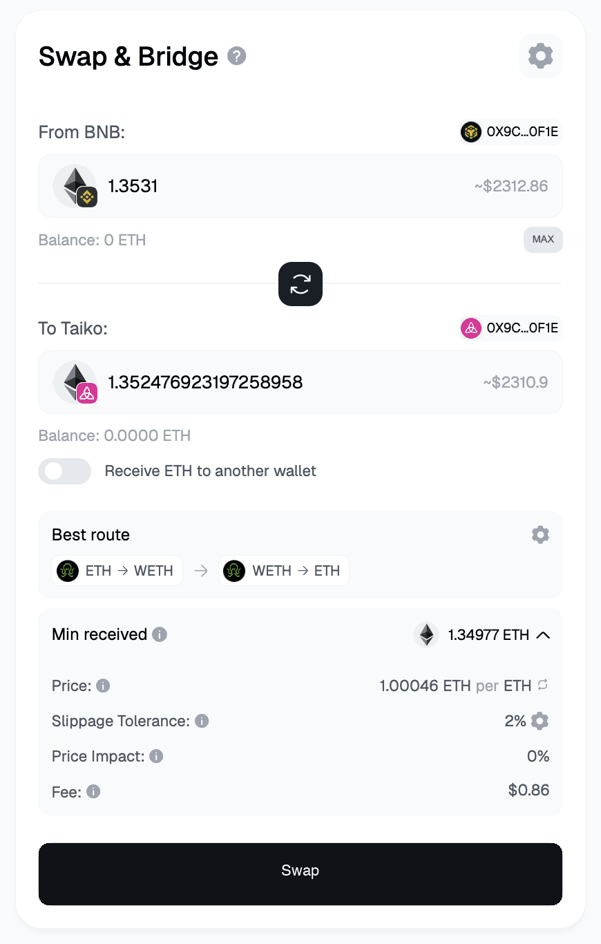 Bridge to Taiko — live route: 1.3531 ETH (BNB Chain) → ETH (Taiko) · Symbiosis