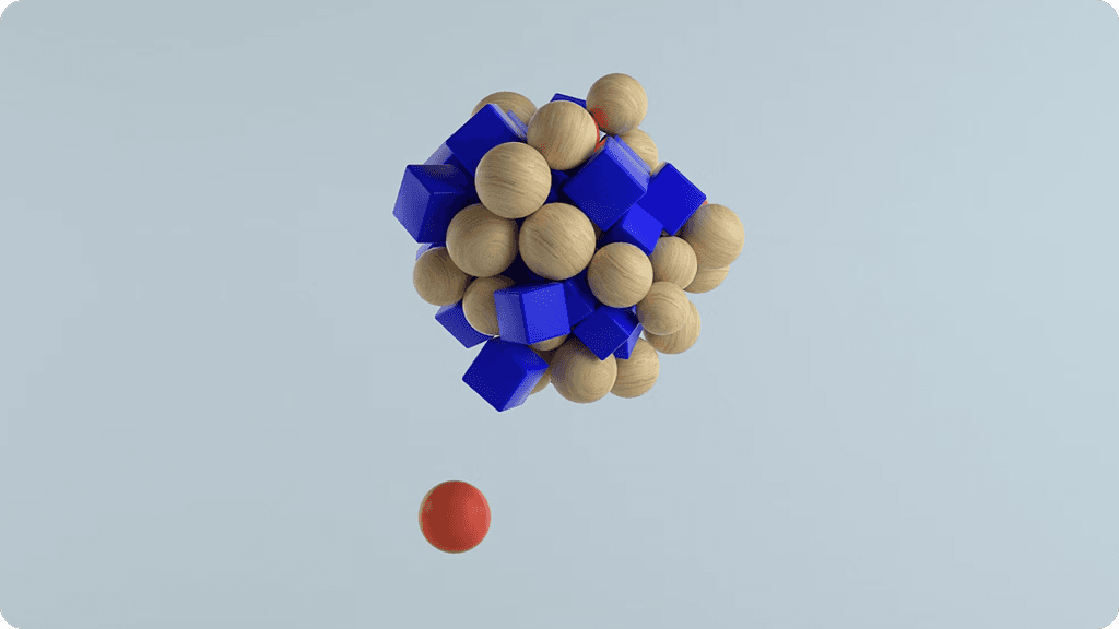 A cluster of wooden spheres and blue cubes with a single red sphere below, symbolises AI's role in balancing complexity and simplicity in legal workflows.