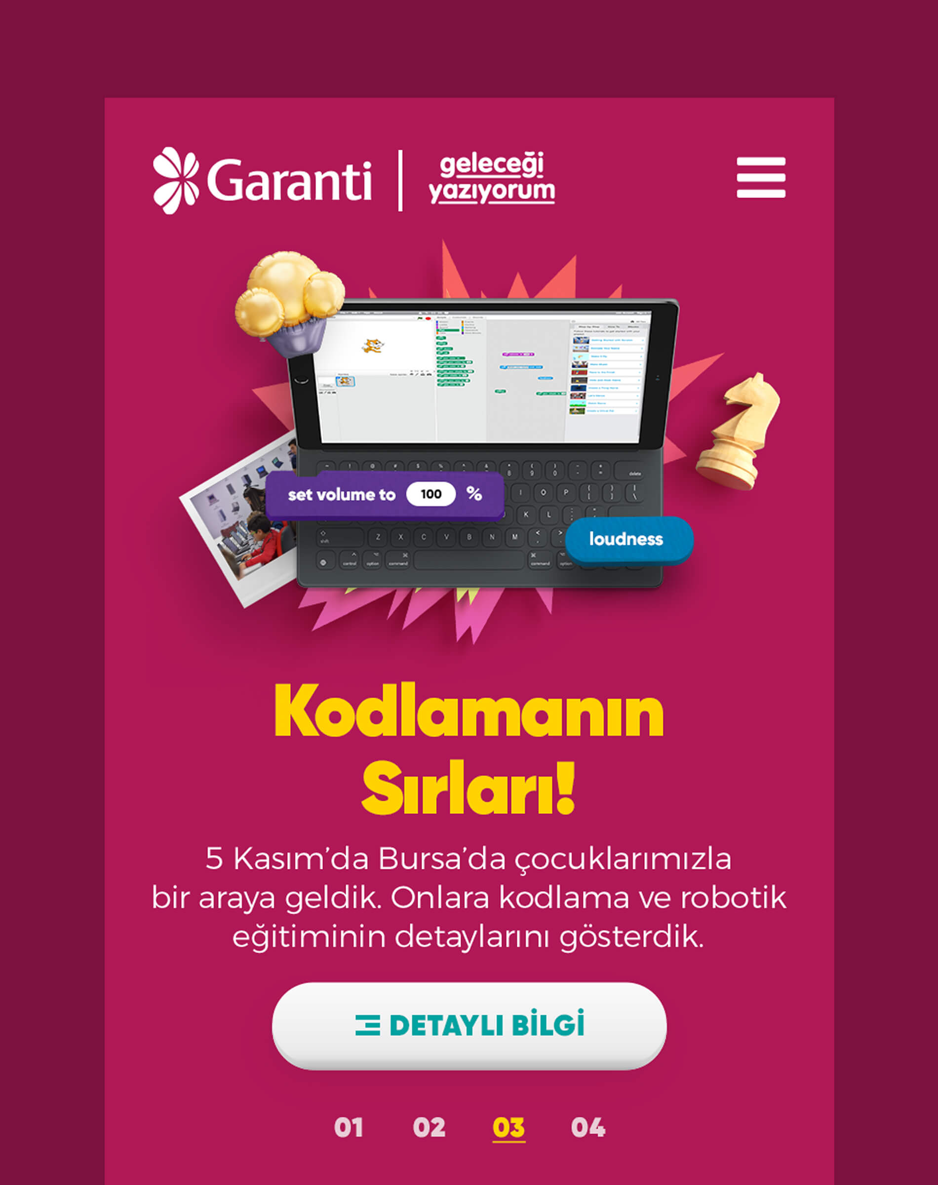 Tablet interface showing Scratch coding for children in Garanti BBVA ‘Future Here’ program, Bursa, with playful design and ‘Kodlamanın Sırları!’ headline.