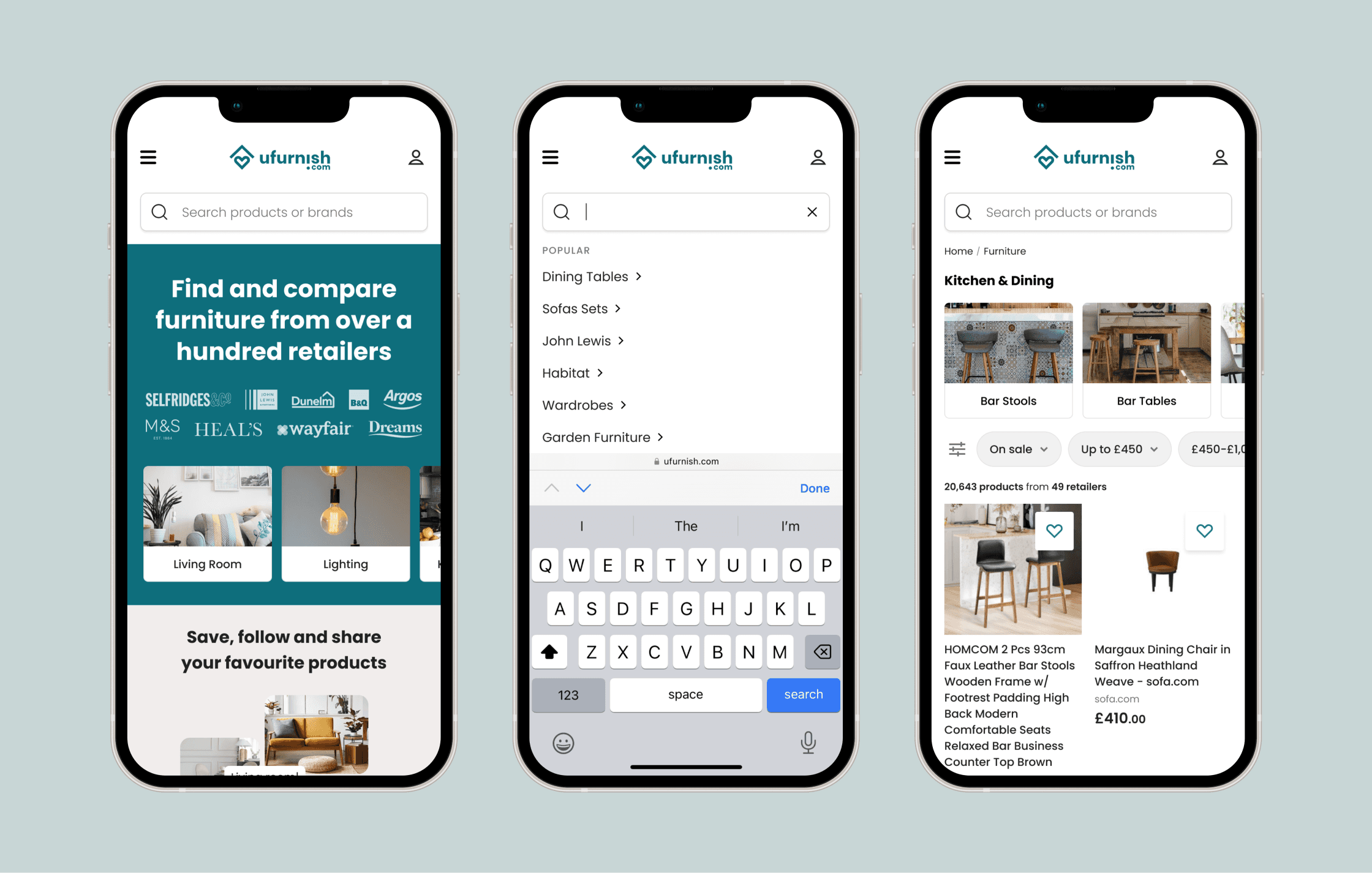 Screenshots of search on mobile