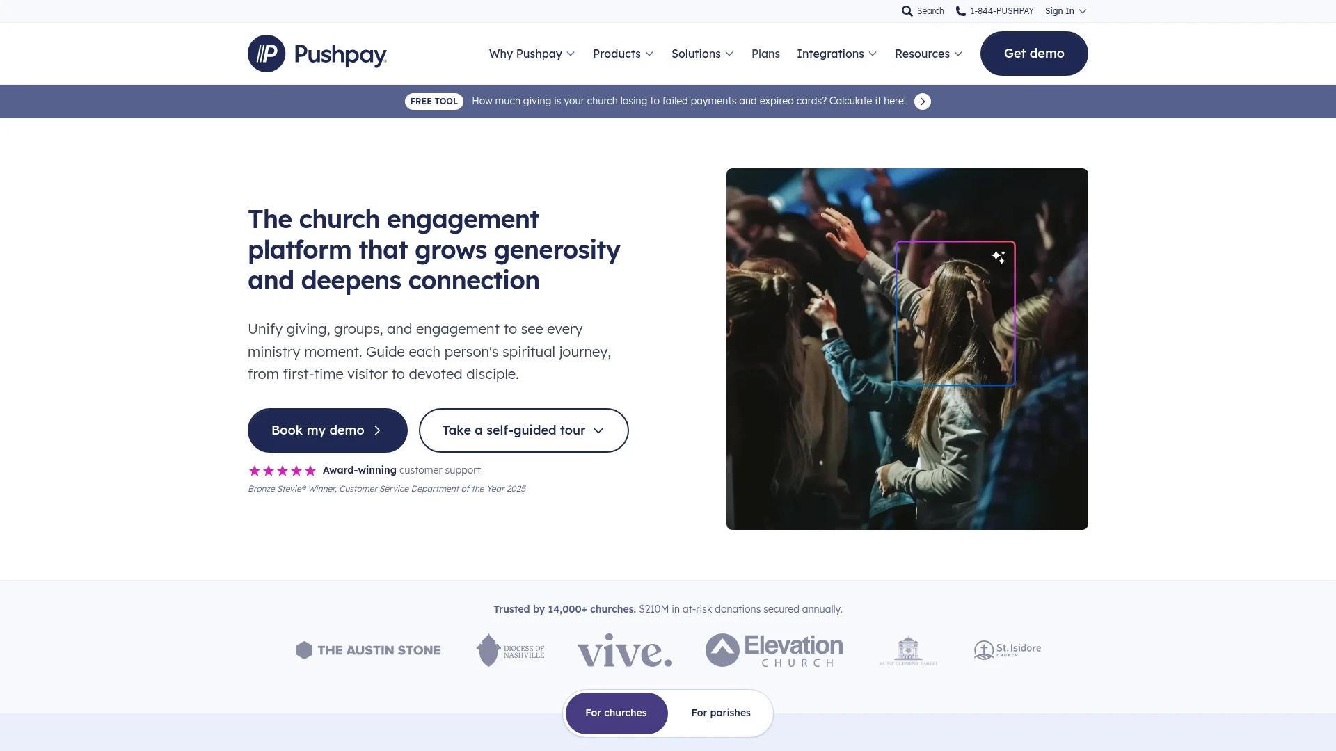 Pushpay church engagement and giving platform homepage