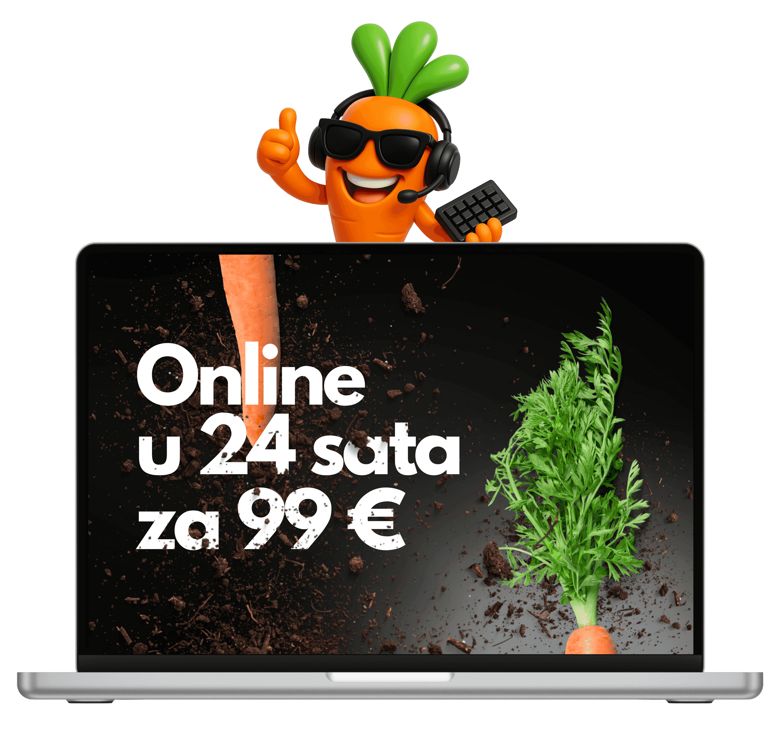 Slika laptopa na kojem piše online u 24h za 99 eura sa ikonom mrkve iznad.