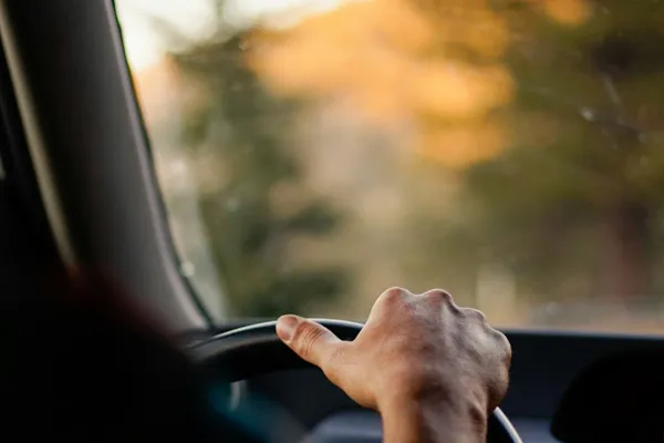 Mão no volante de um táxi com árvores douradas ao fundo — corridas locais em Moledo, Cristelo e Caminha · Táxi Afonso · 11 Moledo e Cristelo